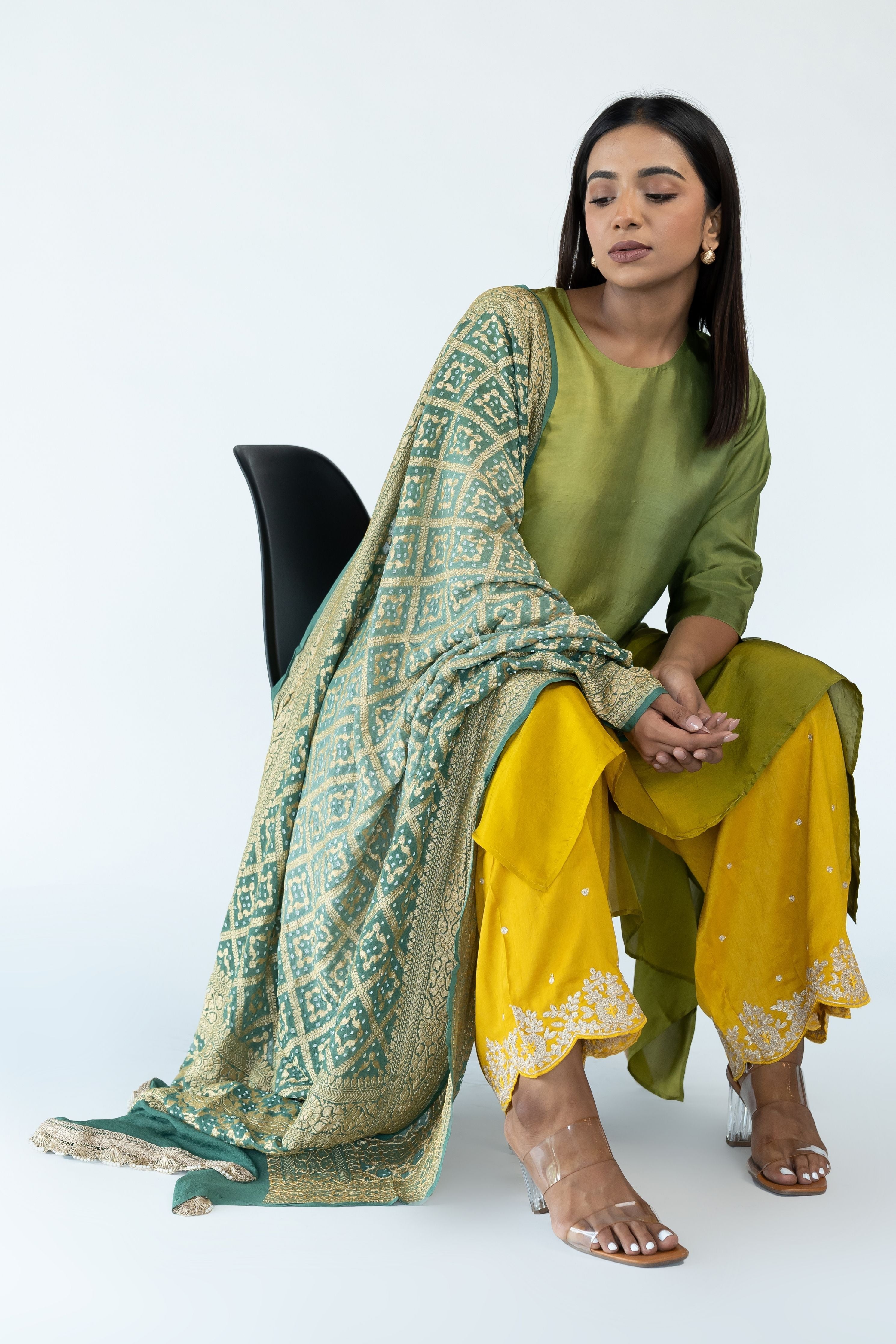 Sage Mustard Zari Kurta Set