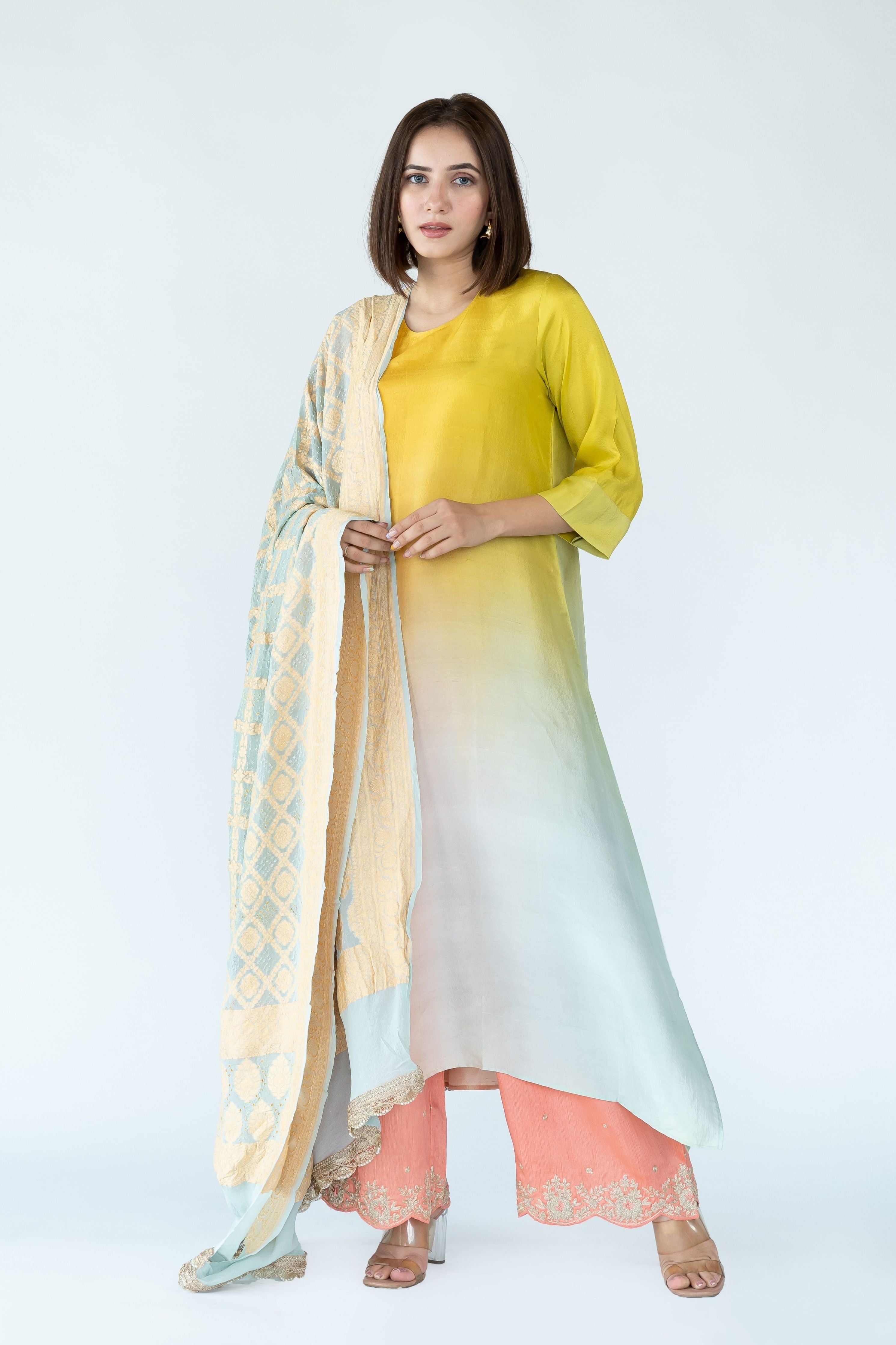 Yellow Pista Green Zari Kurta Set