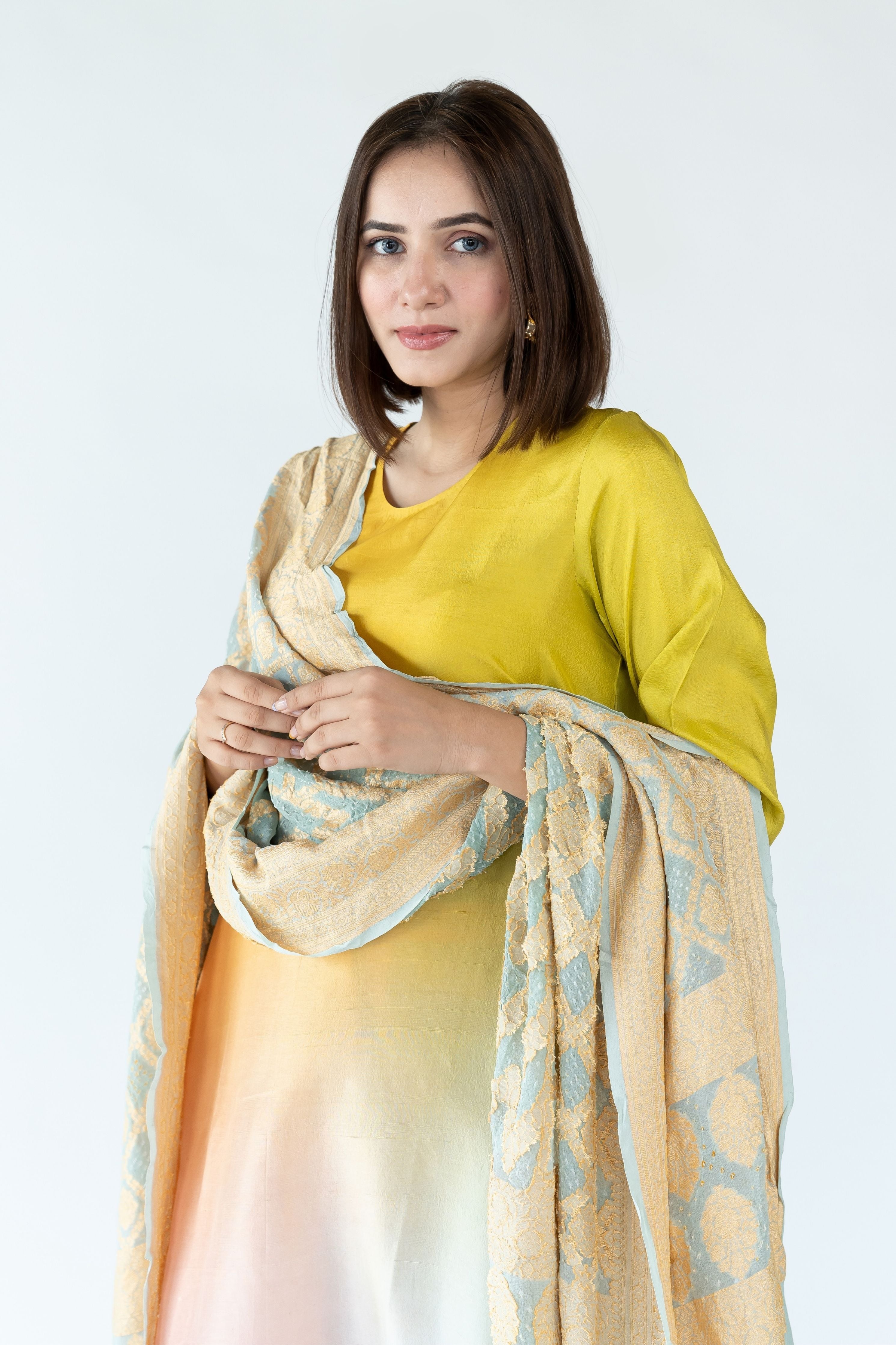 Yellow Pista Green Zari Kurta Set