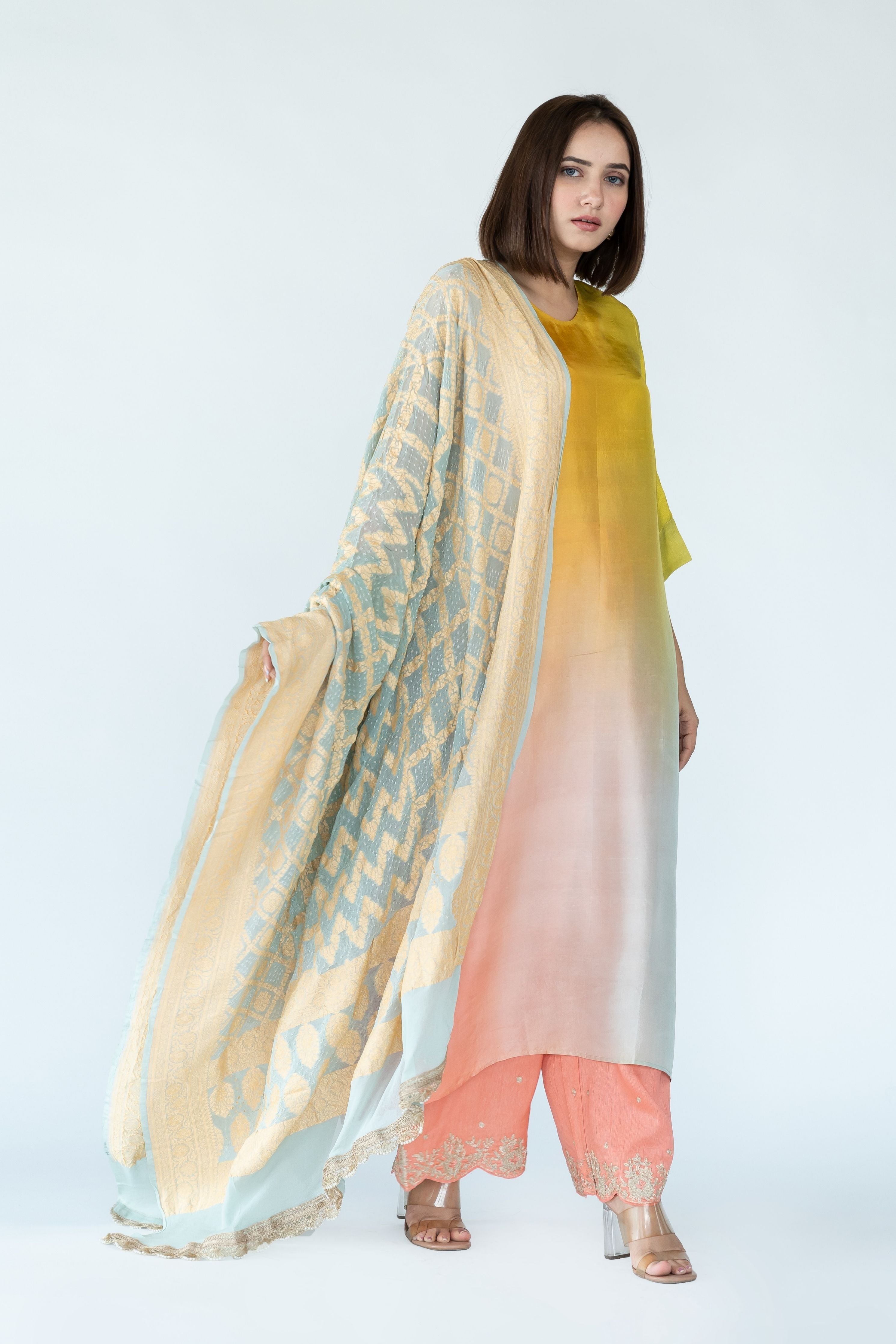 Yellow Pista Green Zari Kurta Set
