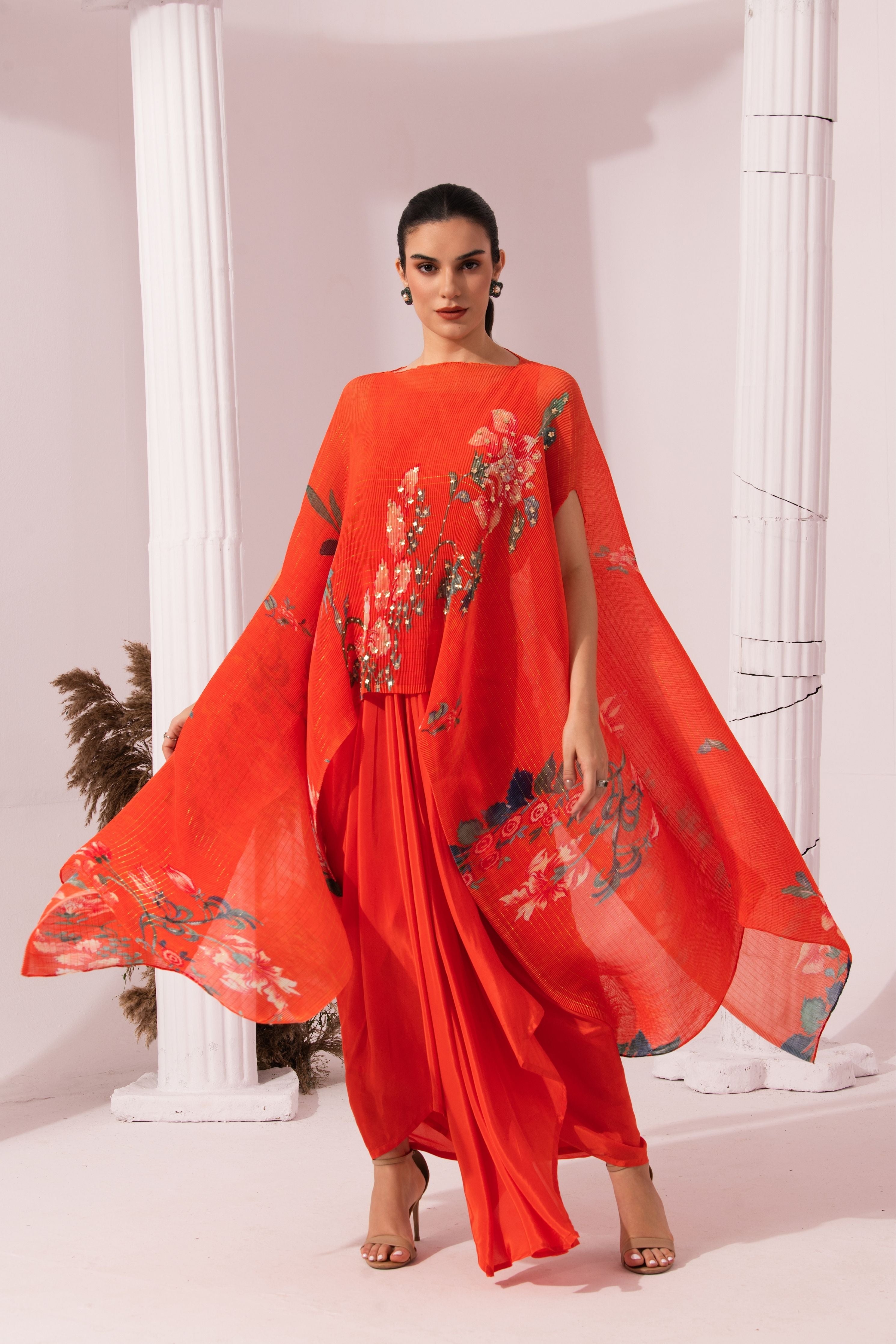 Wildflower Muse Orangey Red Kaftan & Dhoti Set