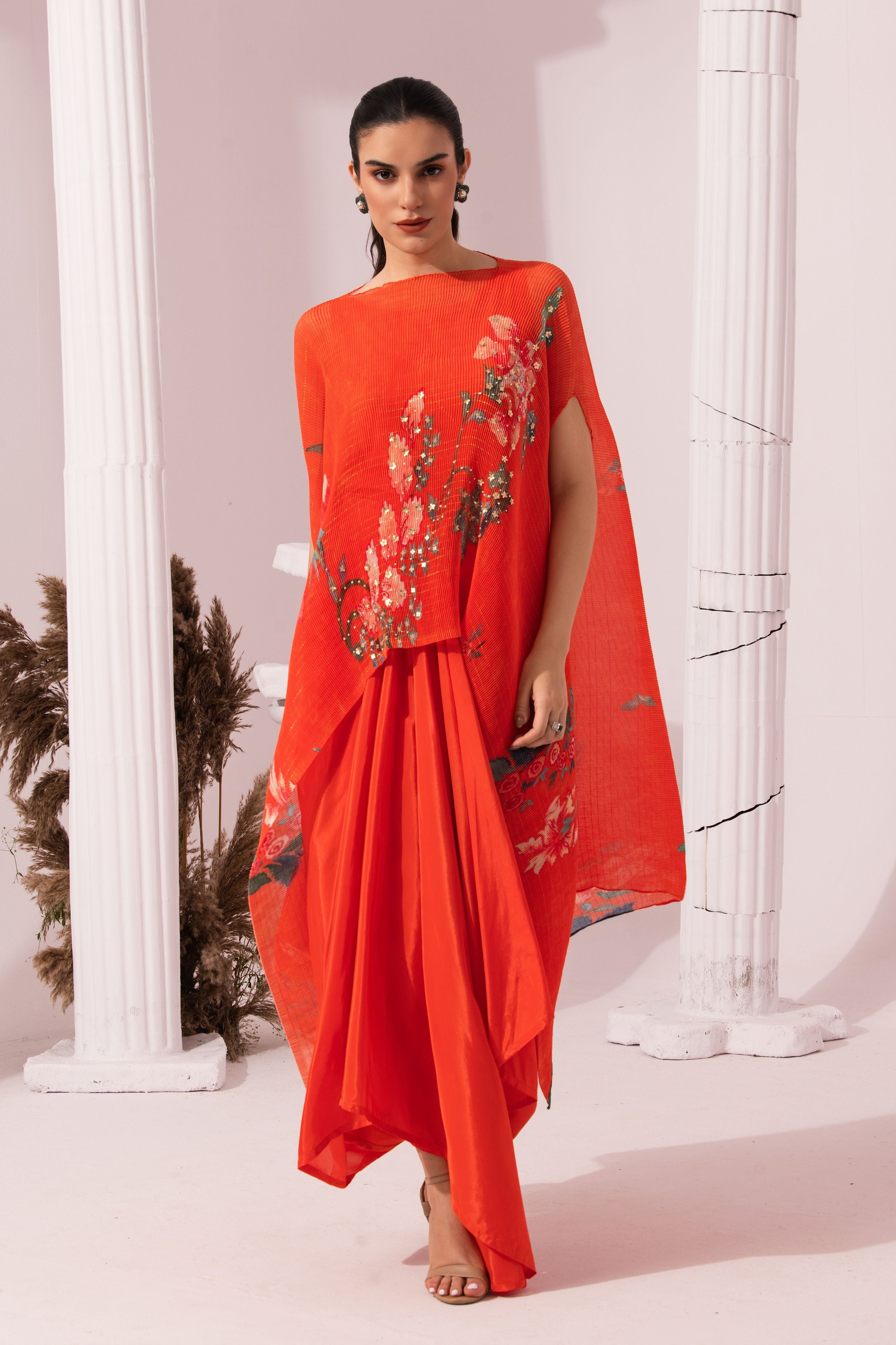 Wildflower Muse Orangey Red Kaftan & Dhoti Set