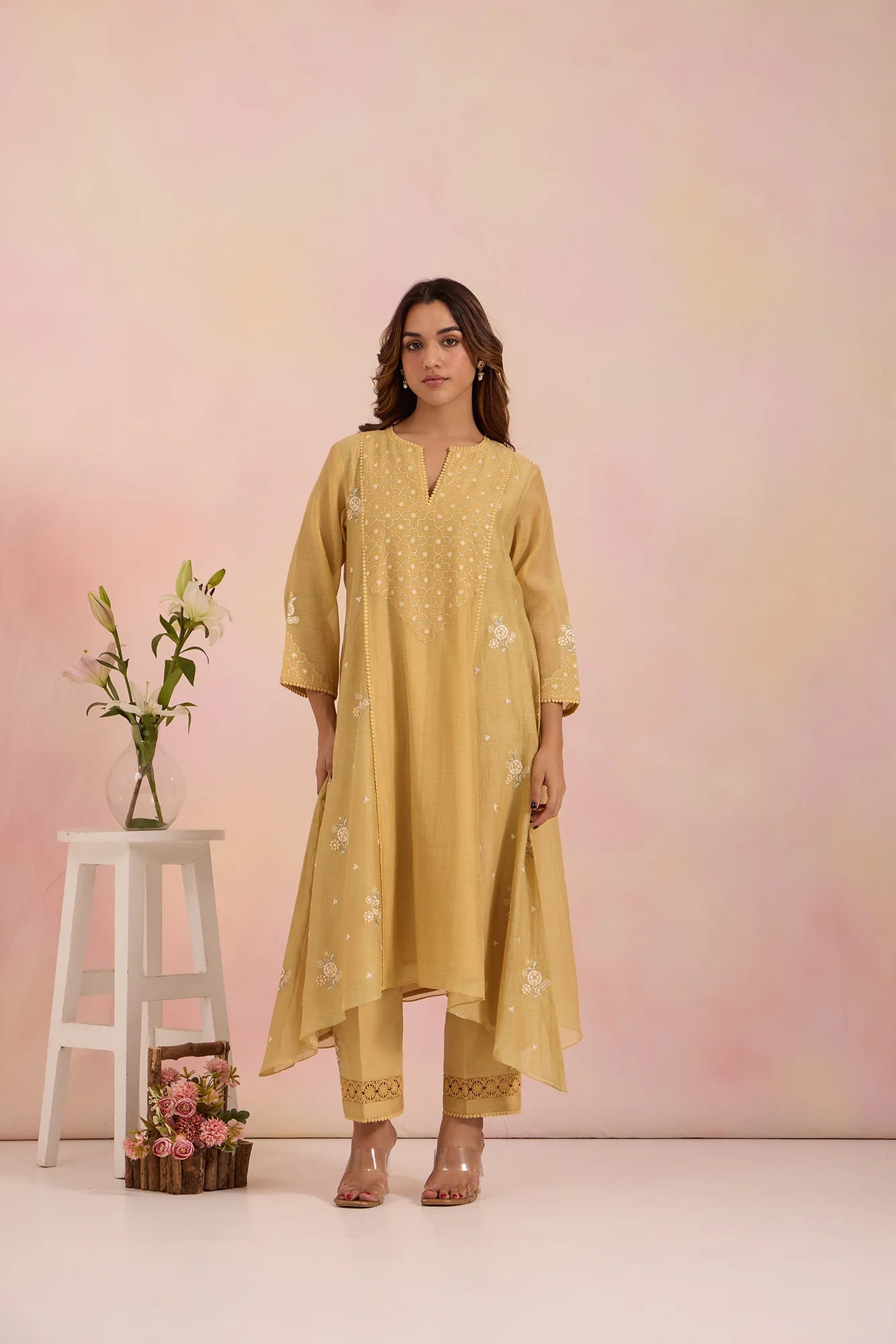 Embroidered Paneled Tunic Set with Mughal Jaali Detailing in Sand-Yellow