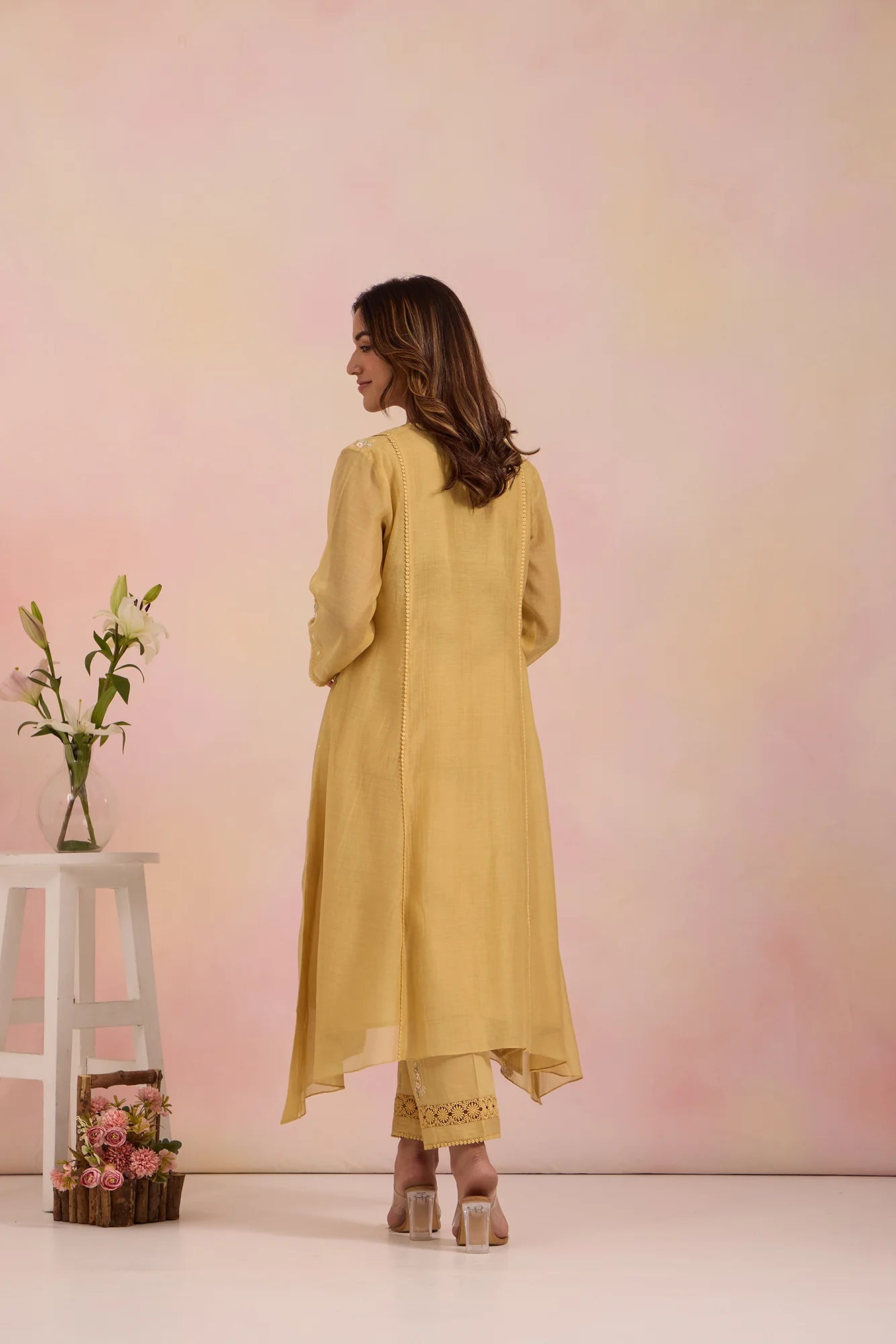 Embroidered Paneled Tunic Set with Mughal Jaali Detailing in Sand-Yellow