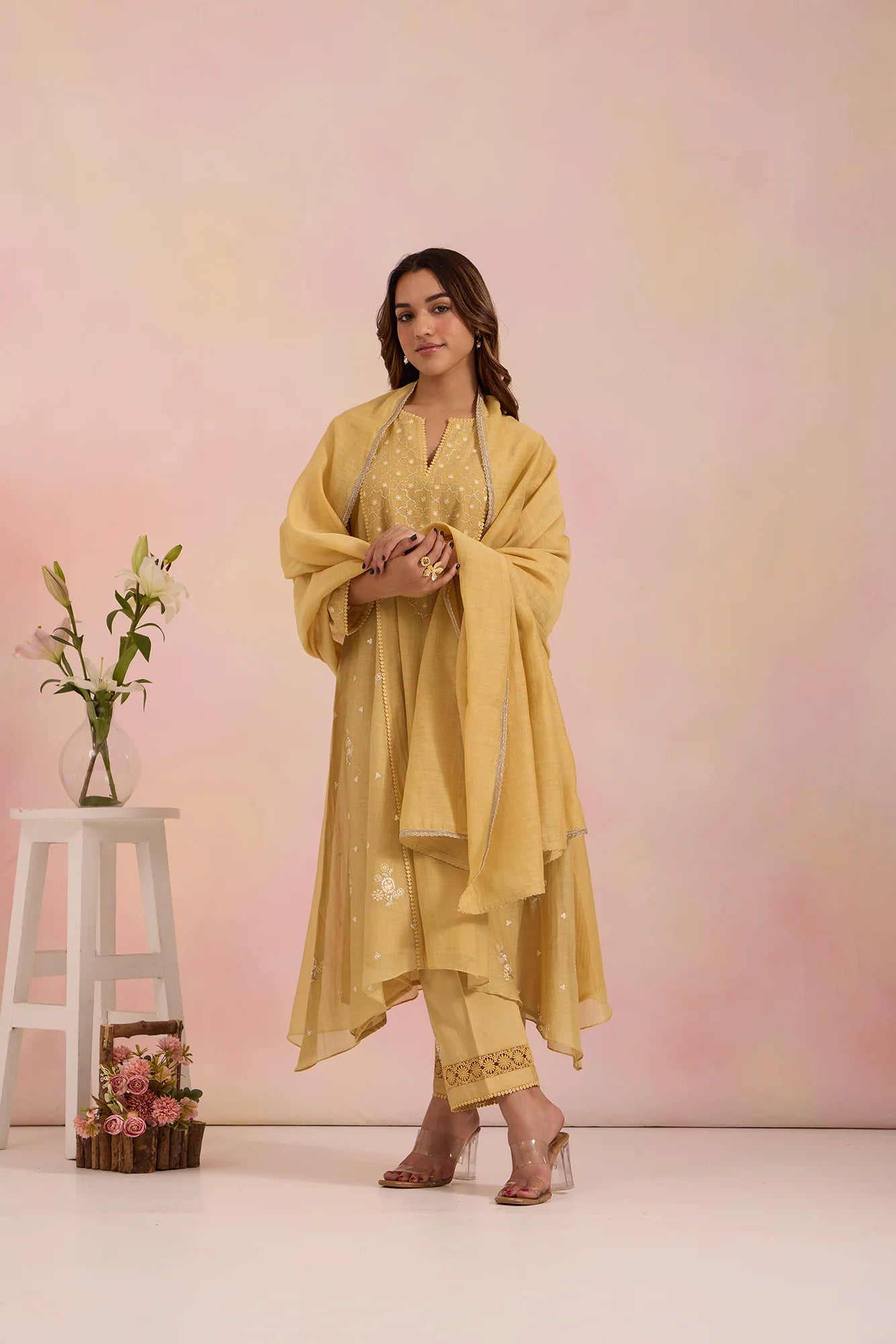 Embroidered Paneled Tunic Set with Mughal Jaali Detailing in Sand-Yellow