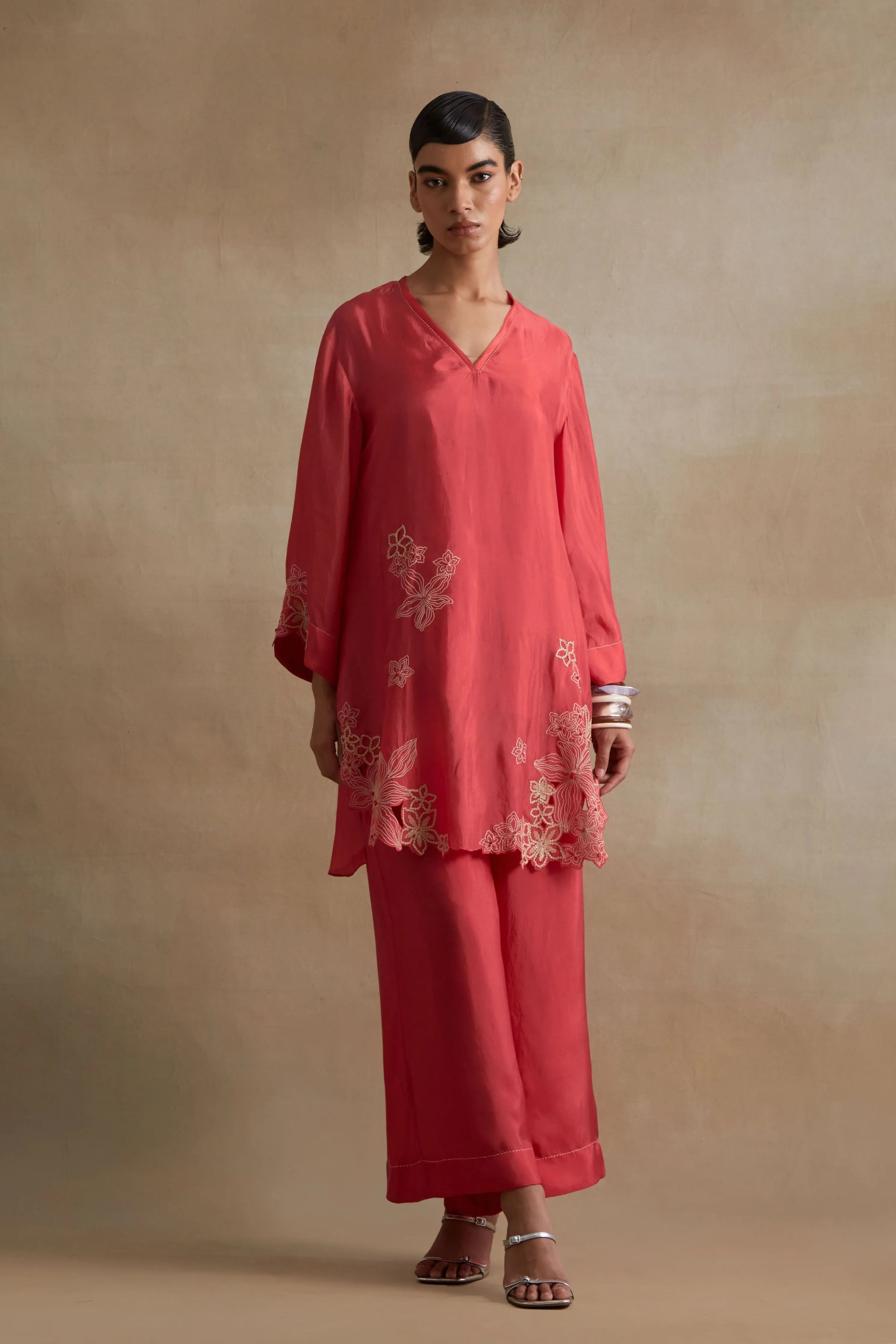 Tomato Floral Cutwork Tunic Set