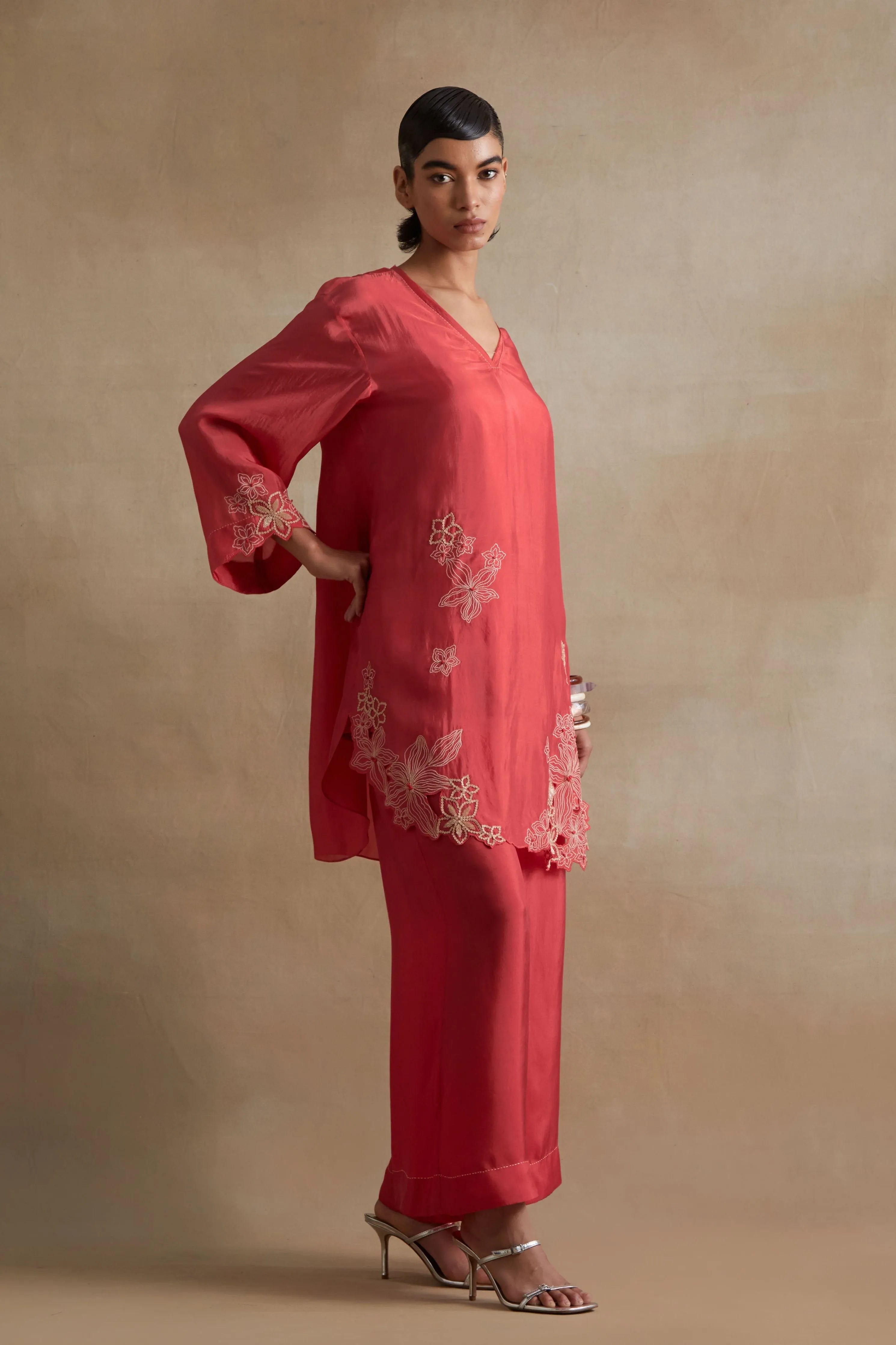 Tomato Floral Cutwork Tunic Set