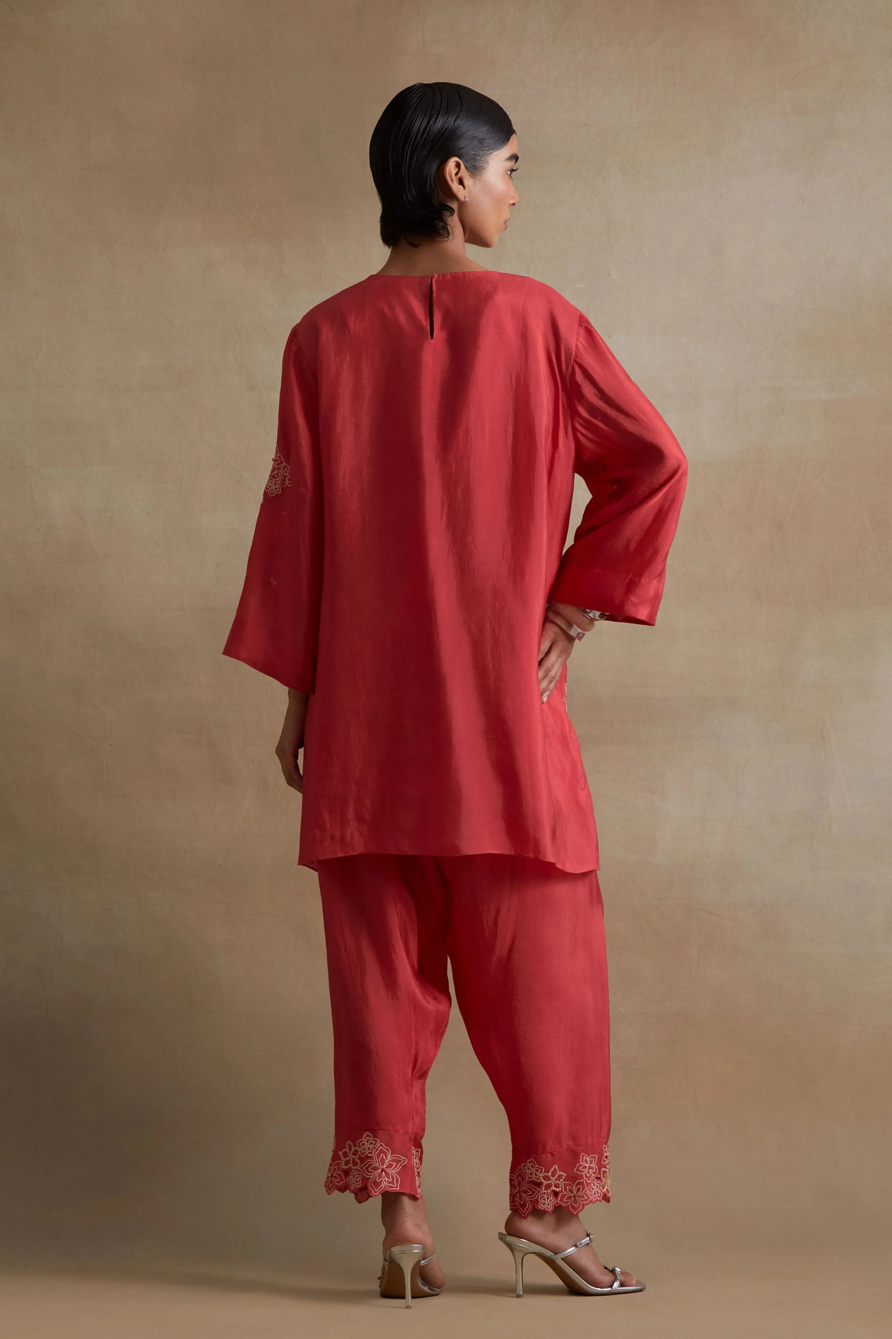 Tomato Floral Cutwork Tunic Set