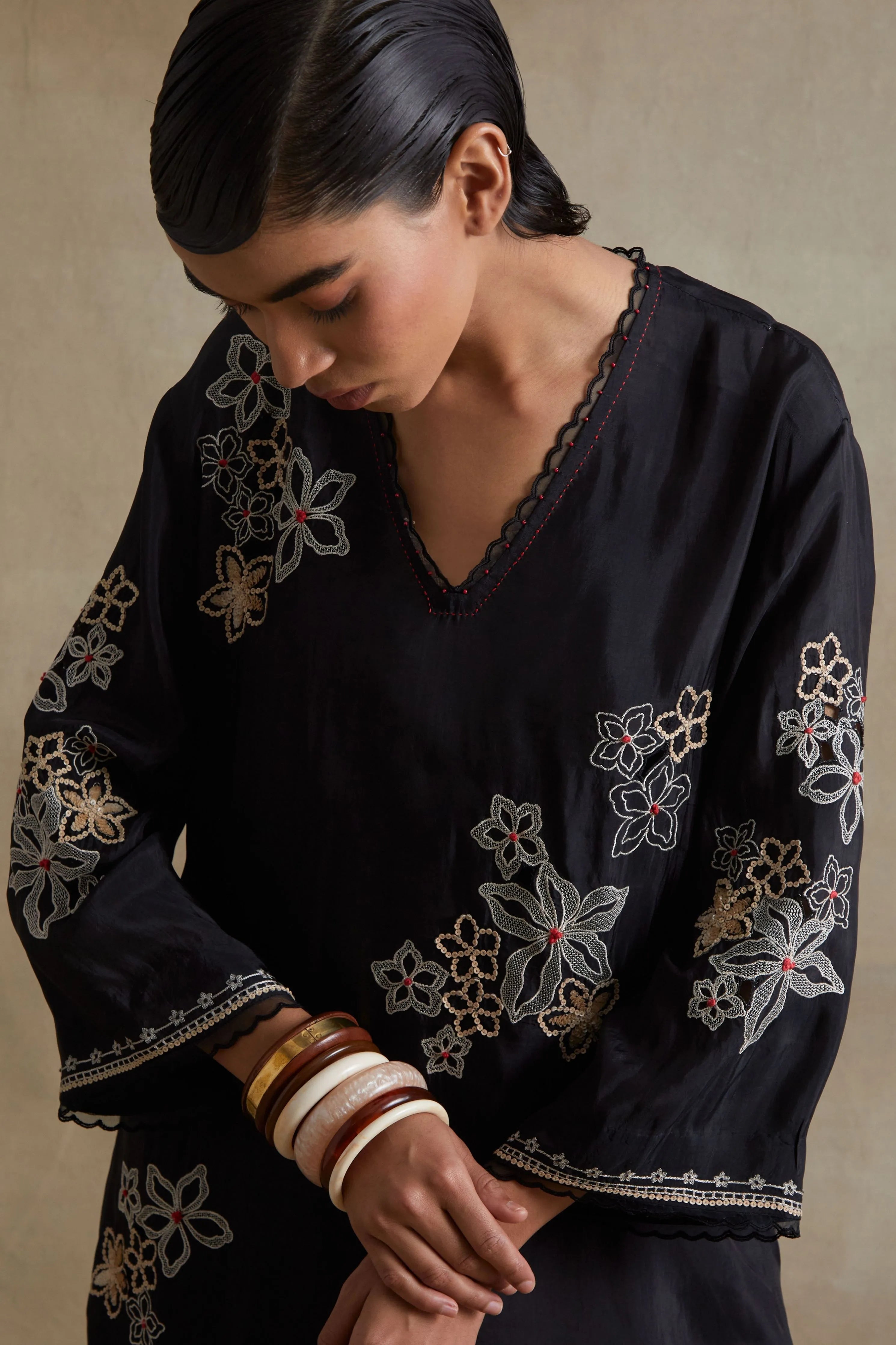 Black Floral Cutwork Tunic Set