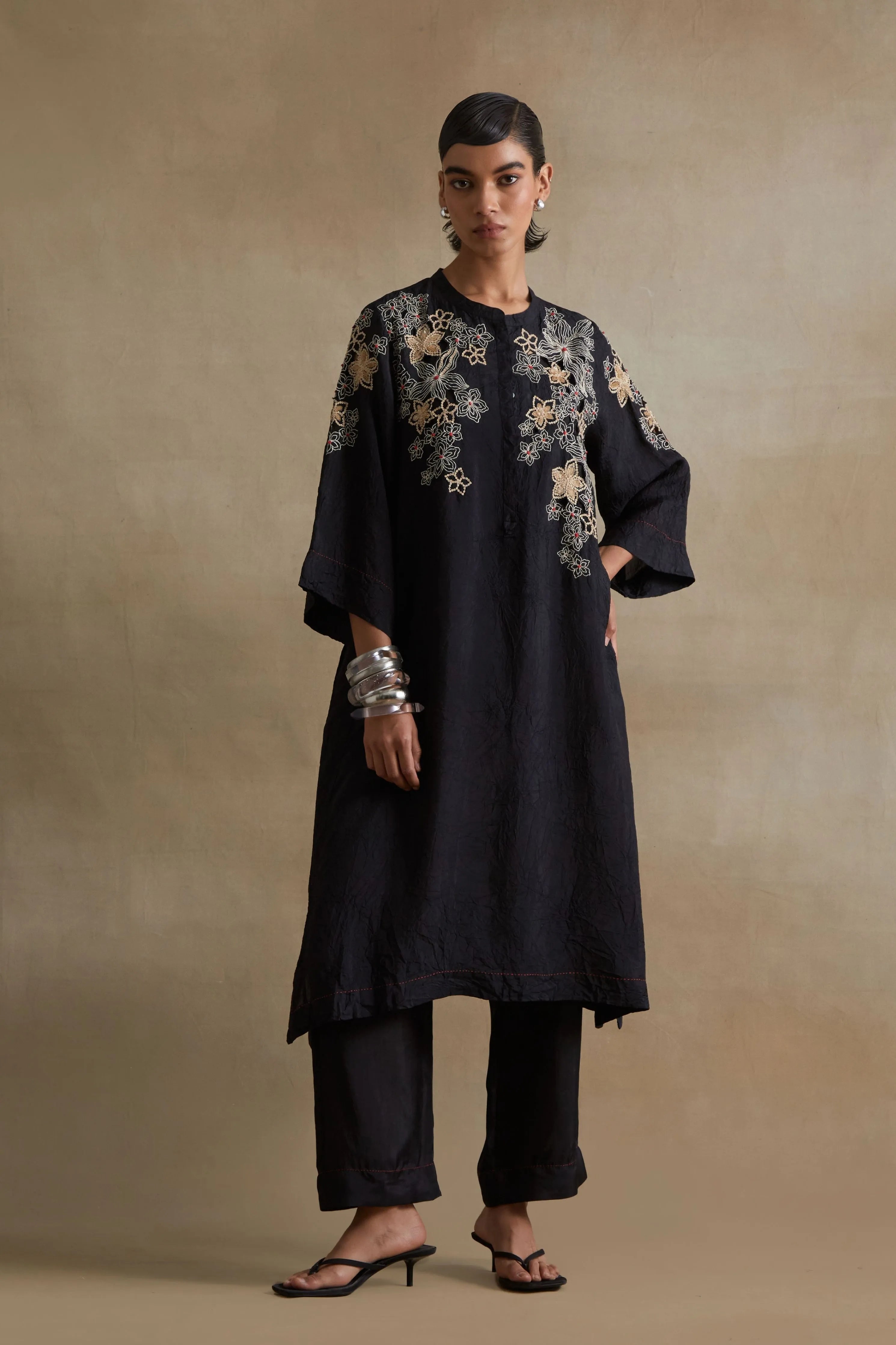 Black Embroidered Floral Kurta Set