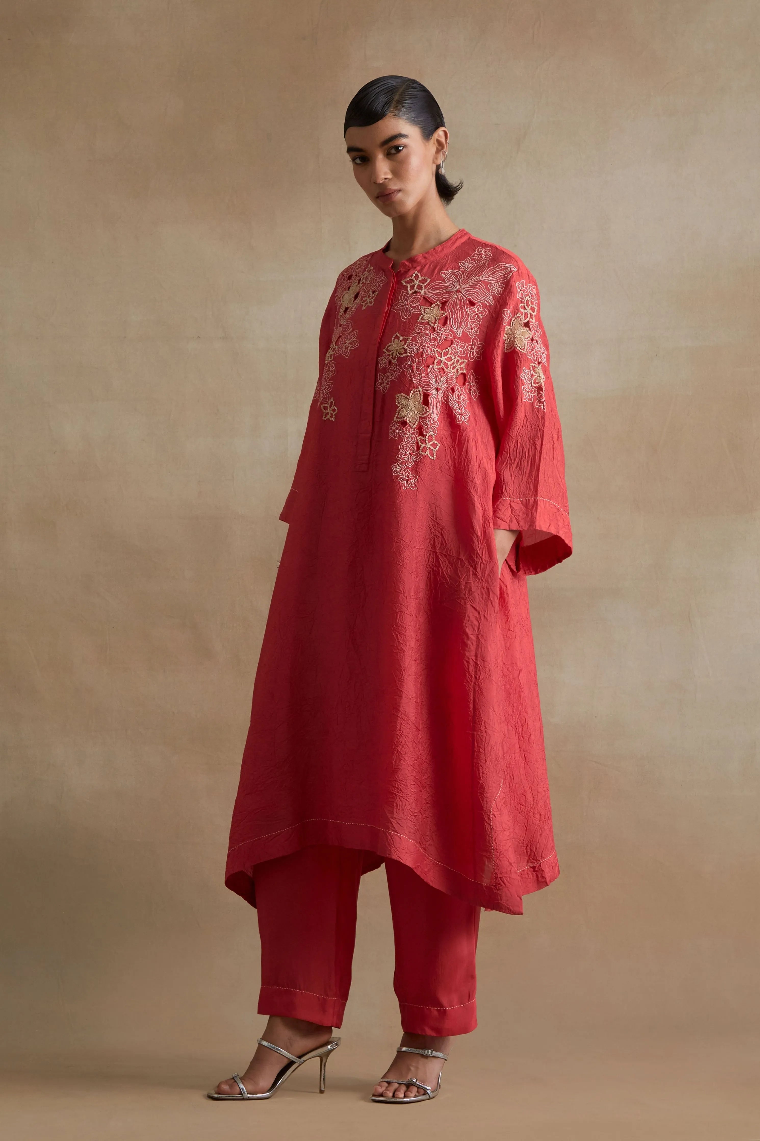Tomato Floral Embroidered Kurta Set