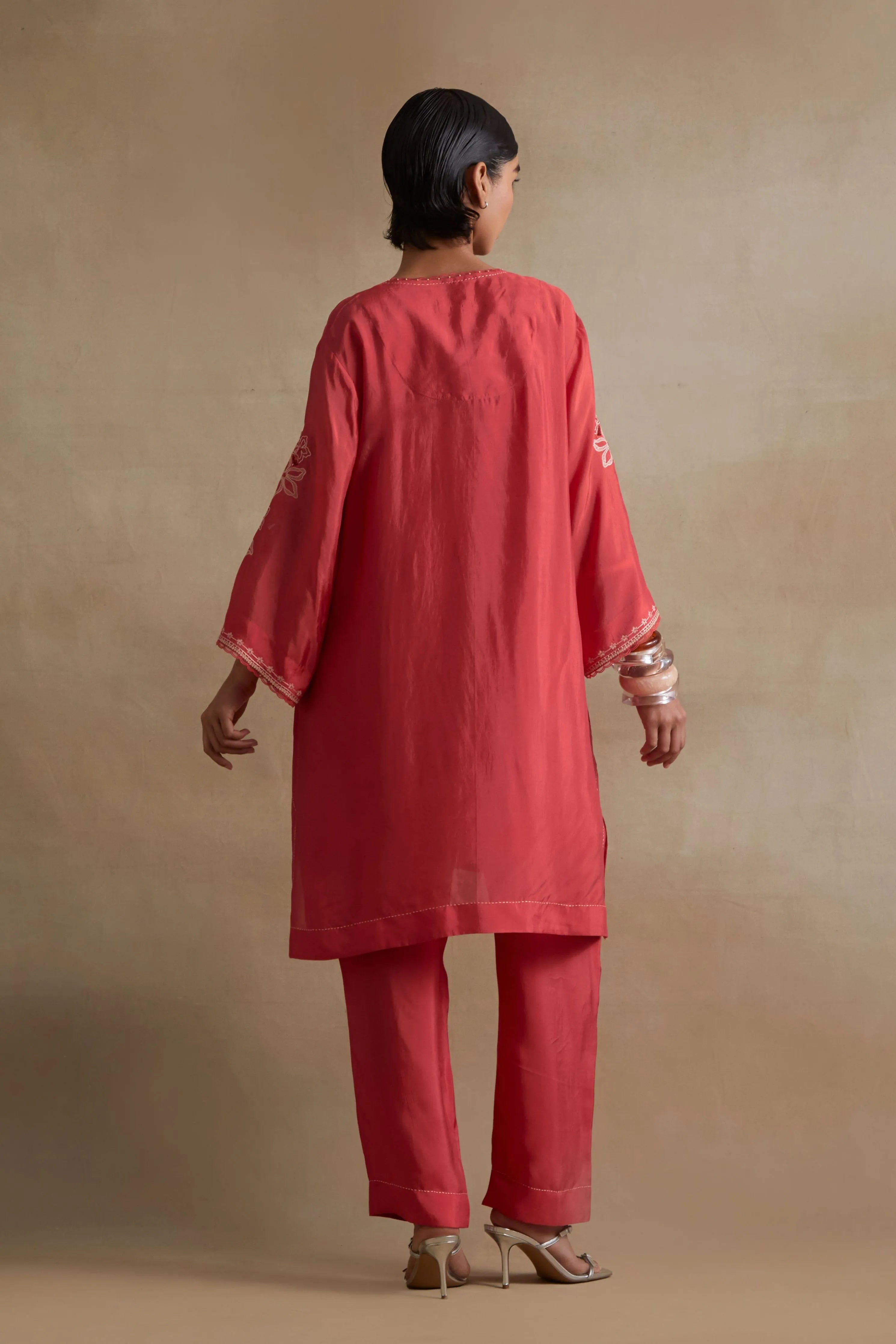 Tomato Floral Embroidered Kurta Set