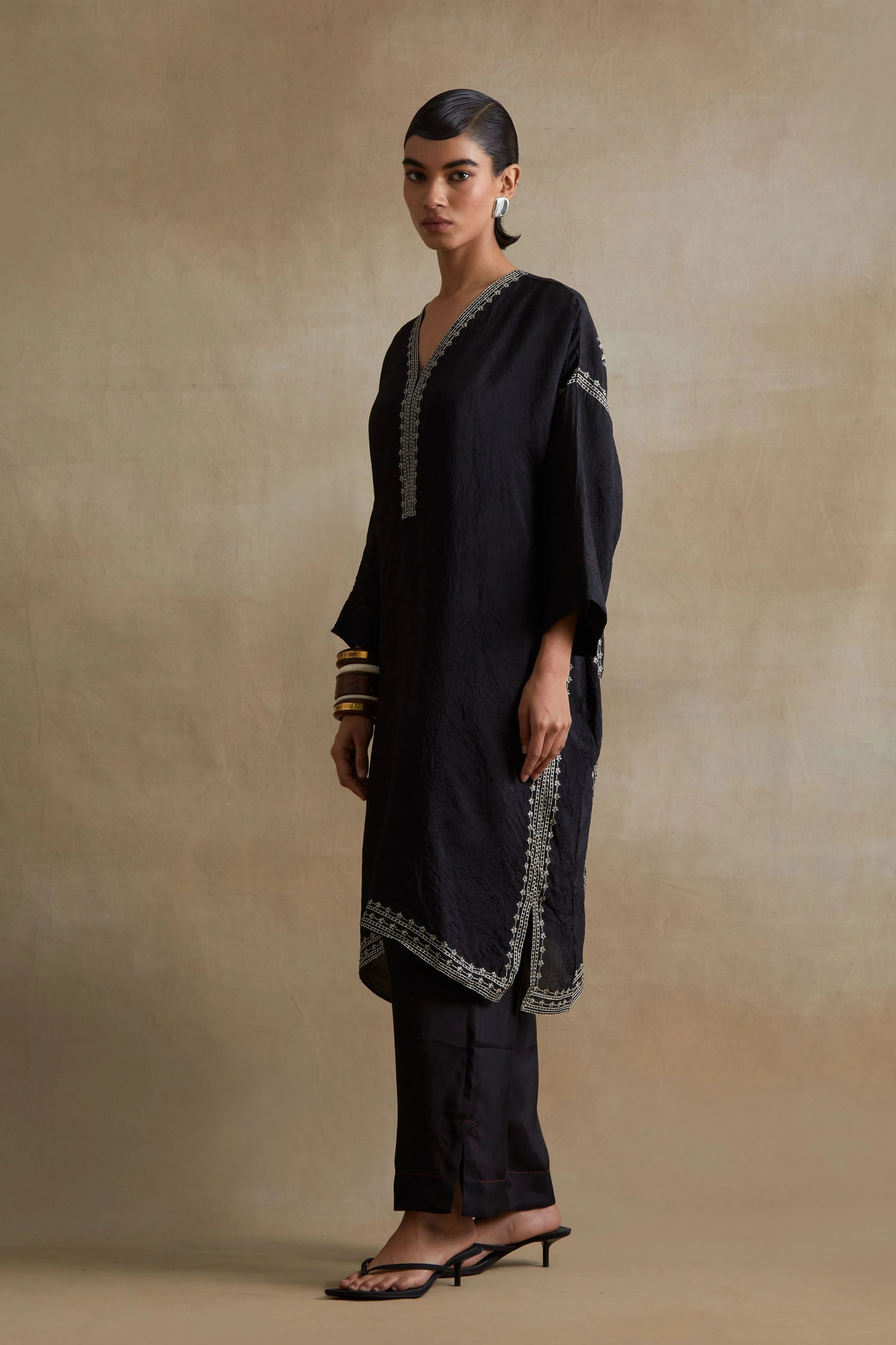 Black Thread Embroidered Kaftan Set