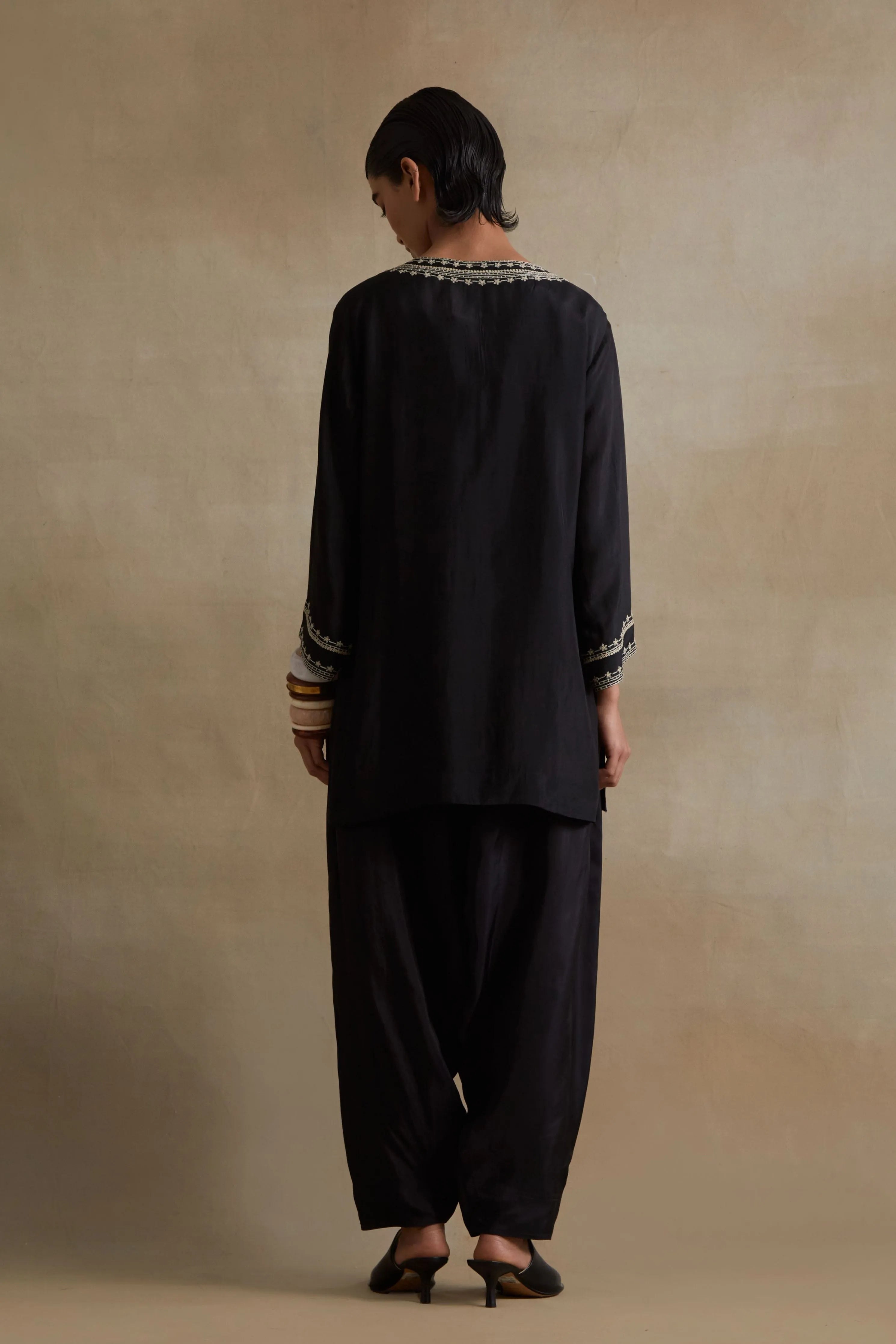 Black Thread Embroidered Kaftan Set