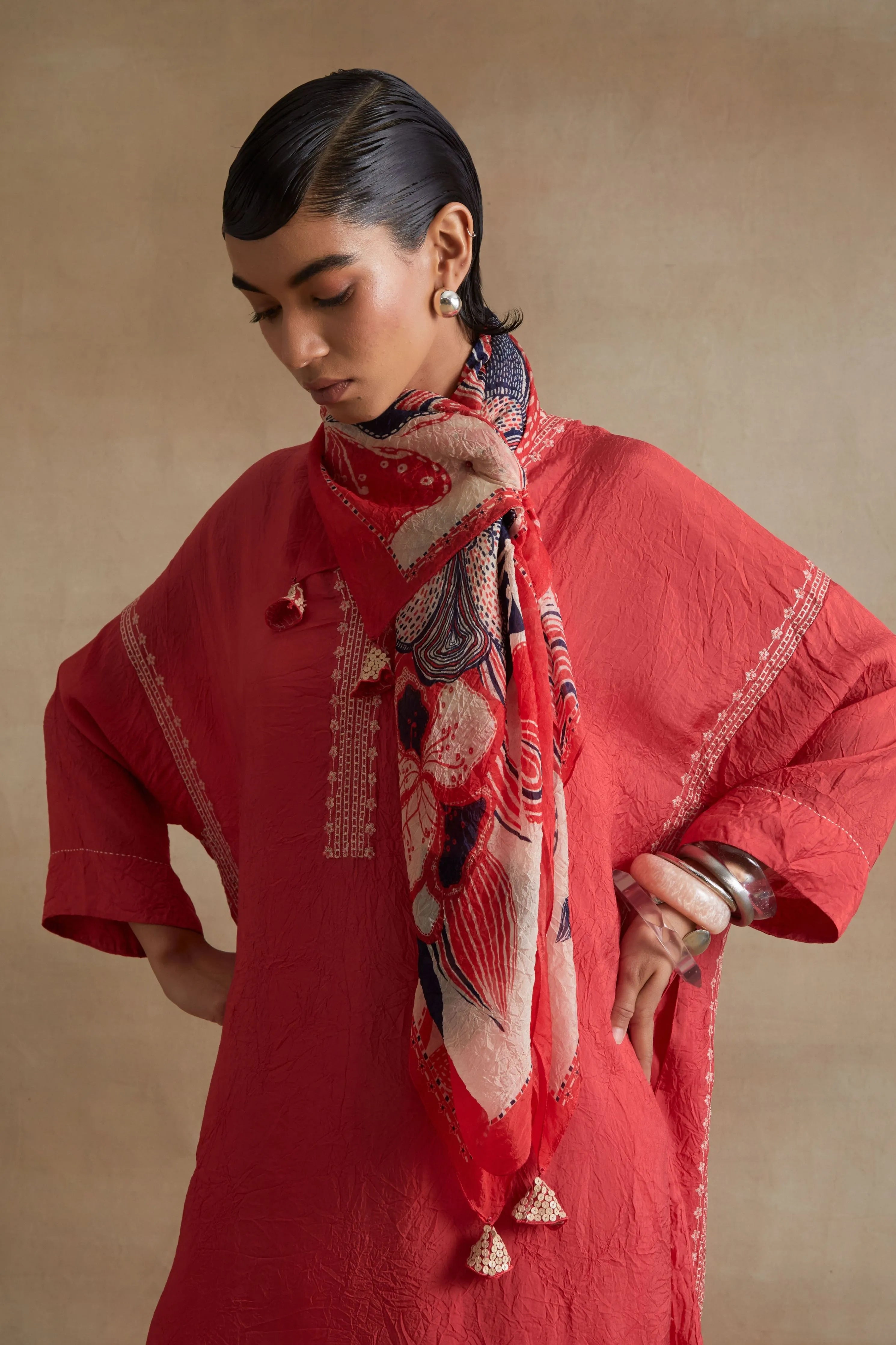Tomato Thread Embroidered Kaftan Set