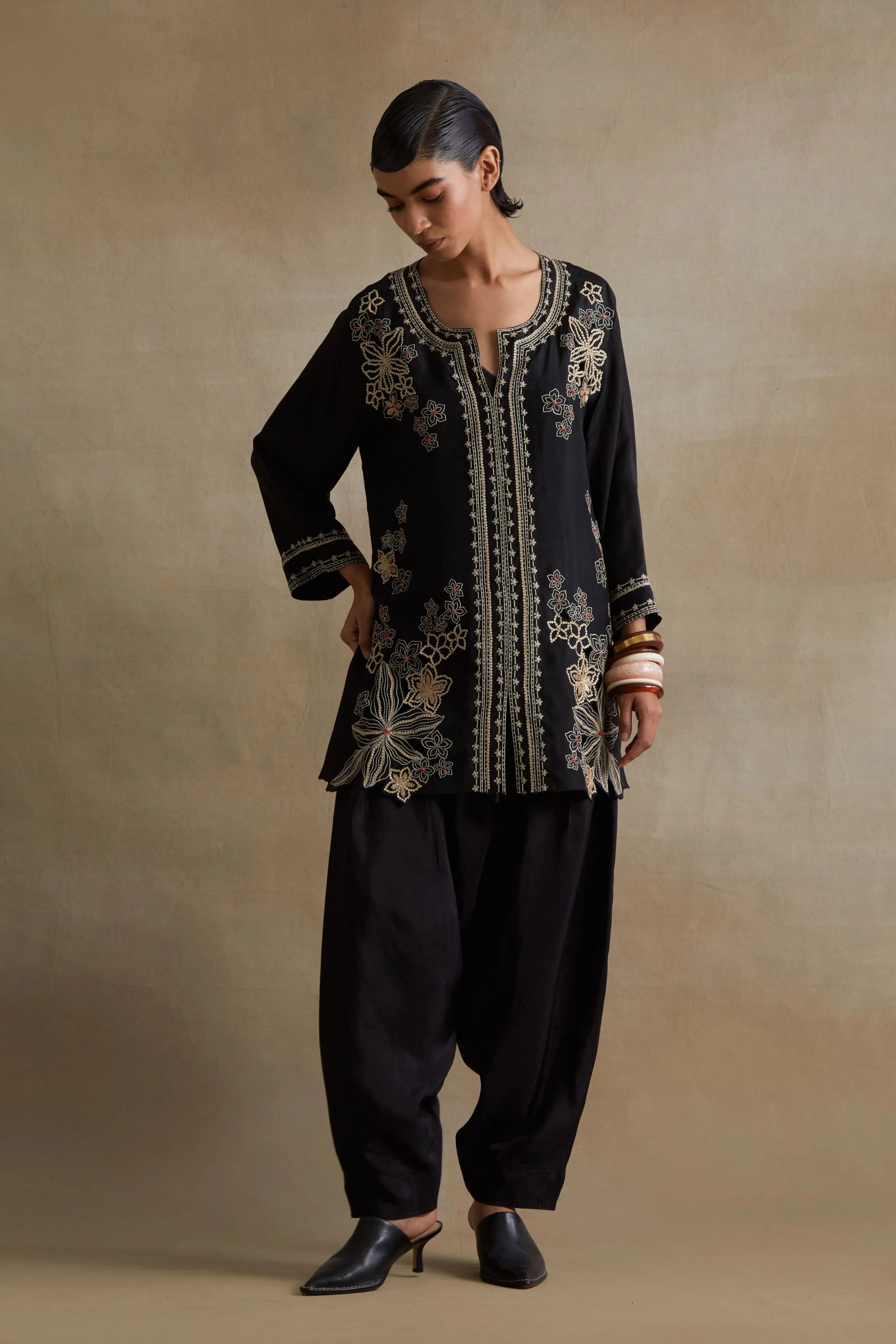 Black Floral Cutwork Embellished Set