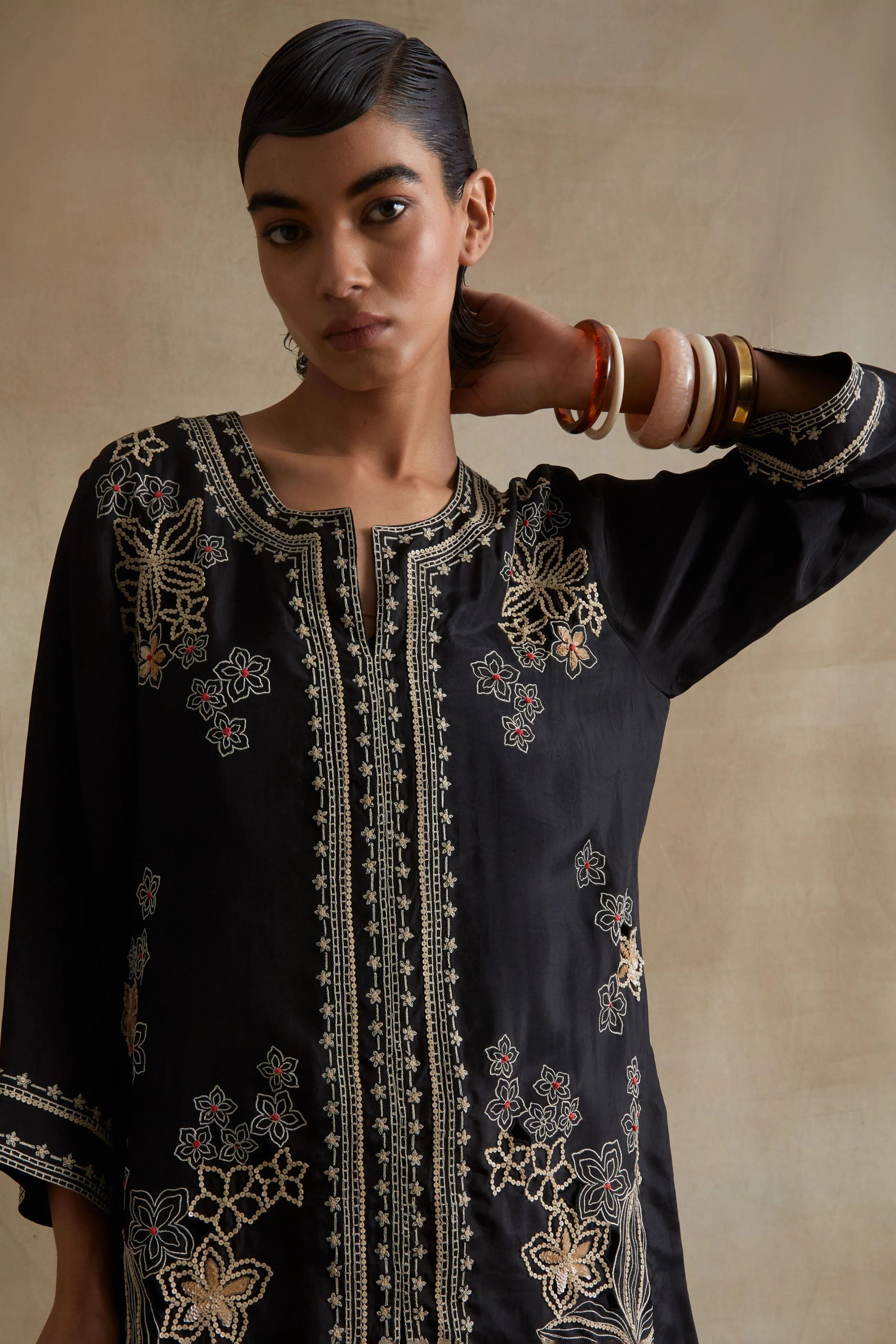Black Floral Cutwork Embellished Set
