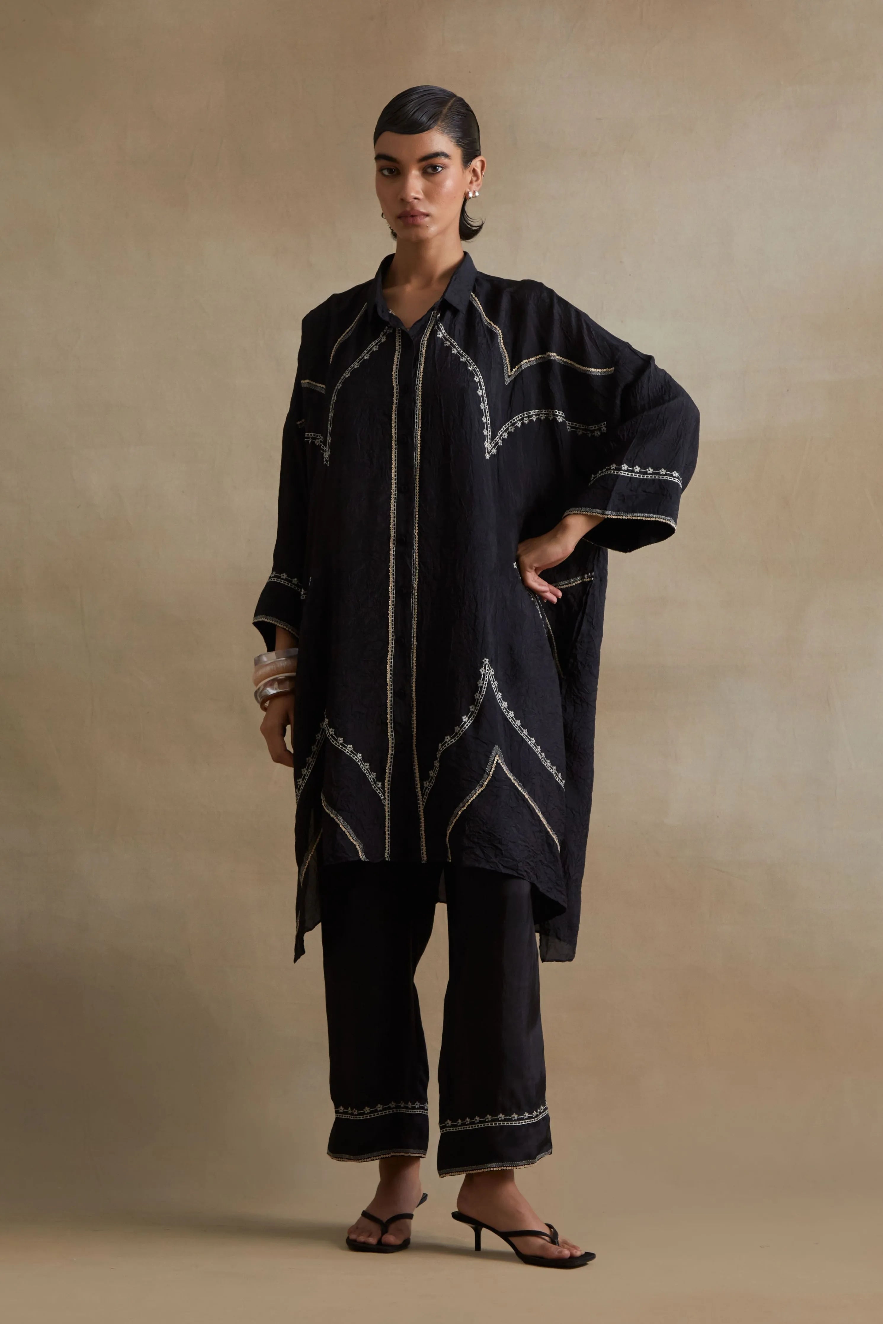 Black Stylized Embroidered Kaftan Set
