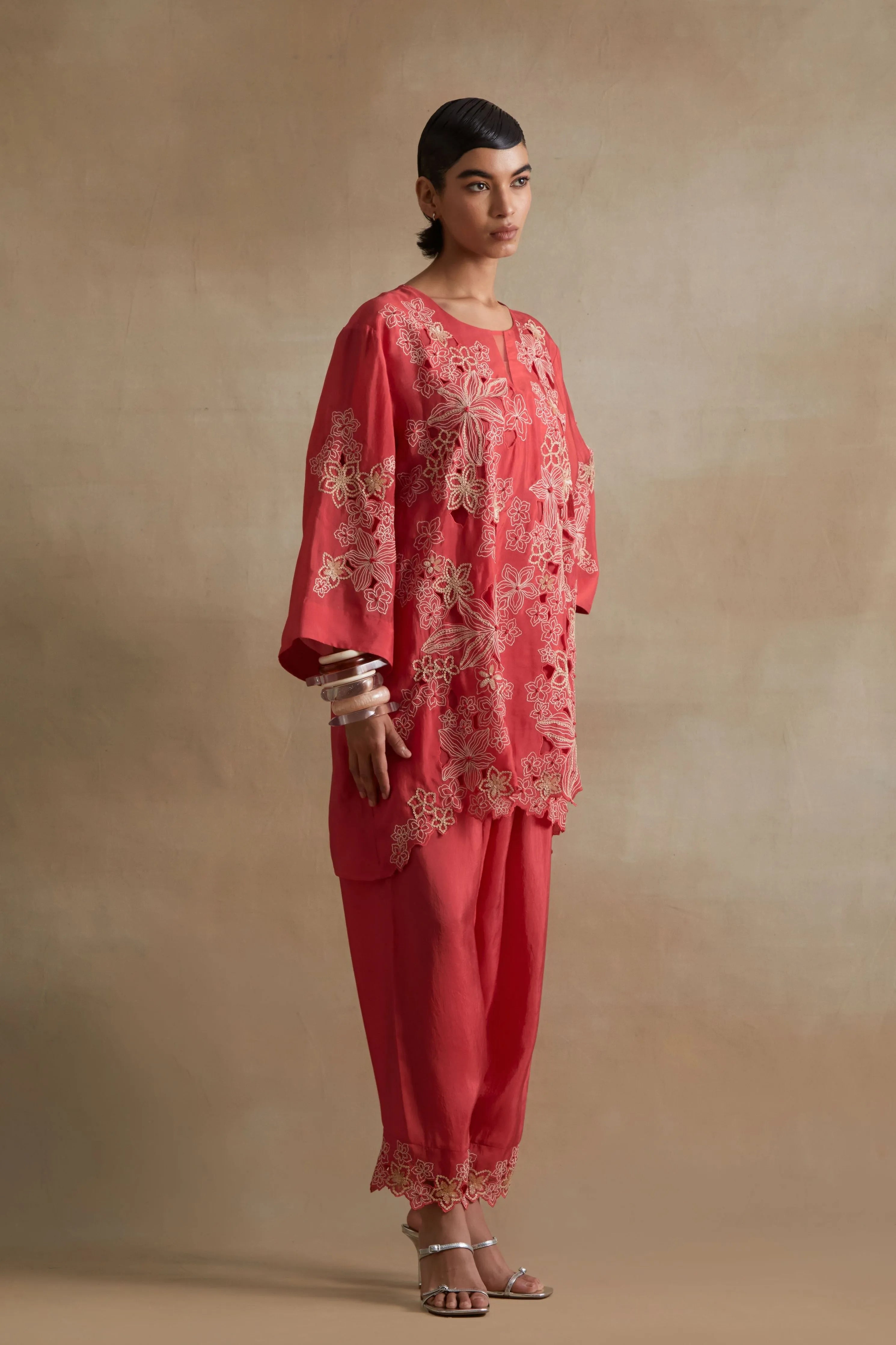 Tomato Floral Cutwork Embellished Set