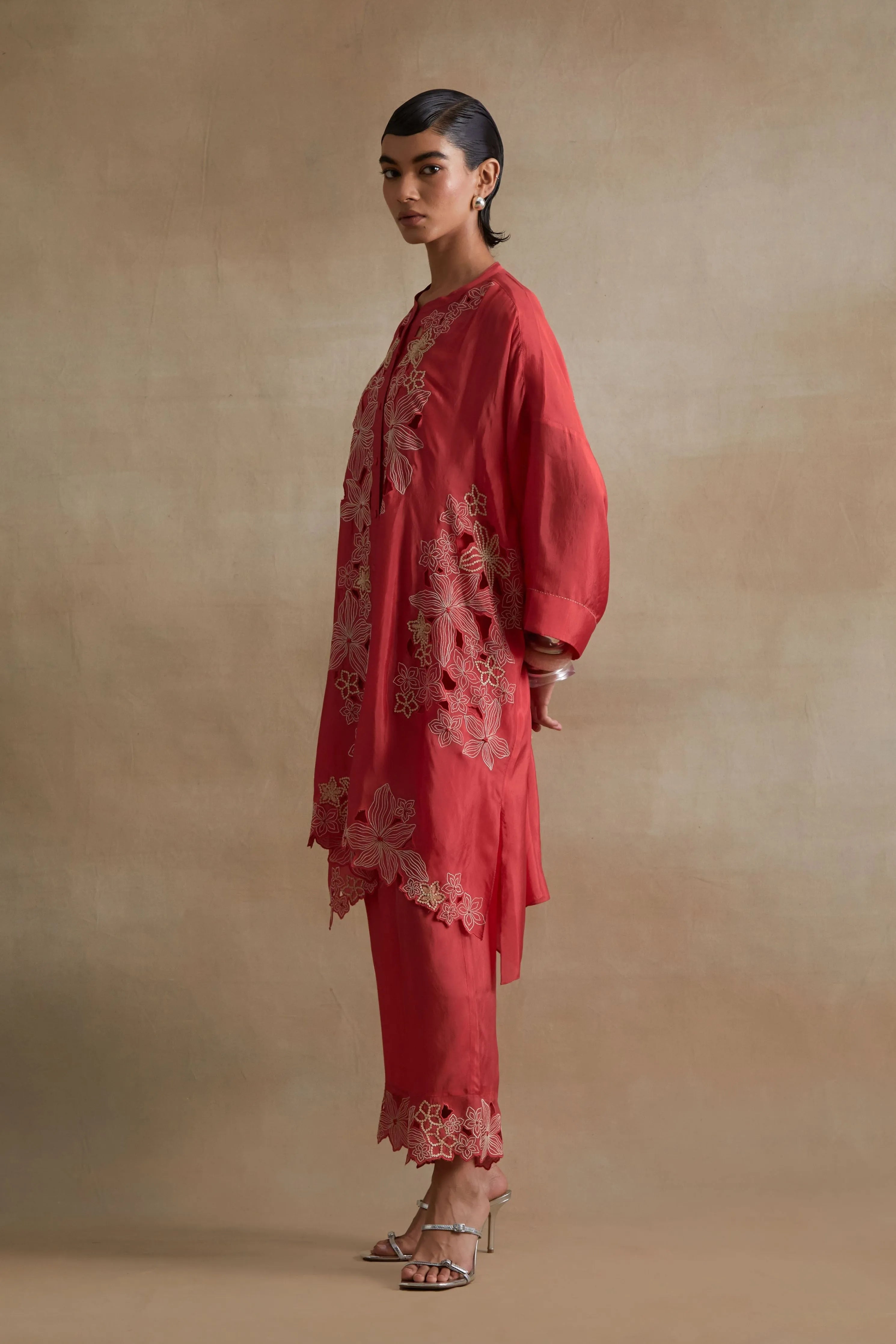 Tomato Sequin Floral Kurta Set