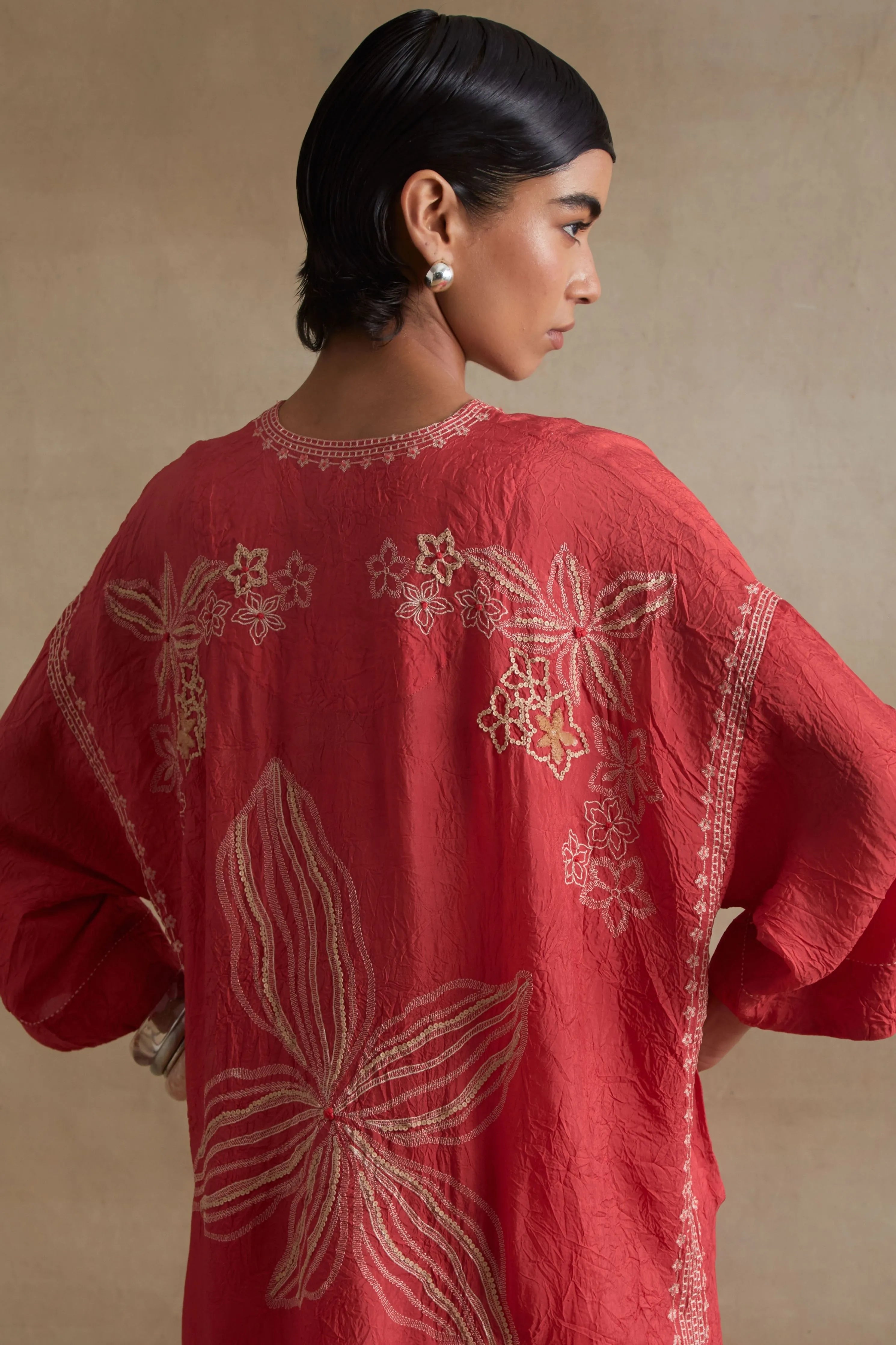 Tomato Sequin Floral Kurta Set
