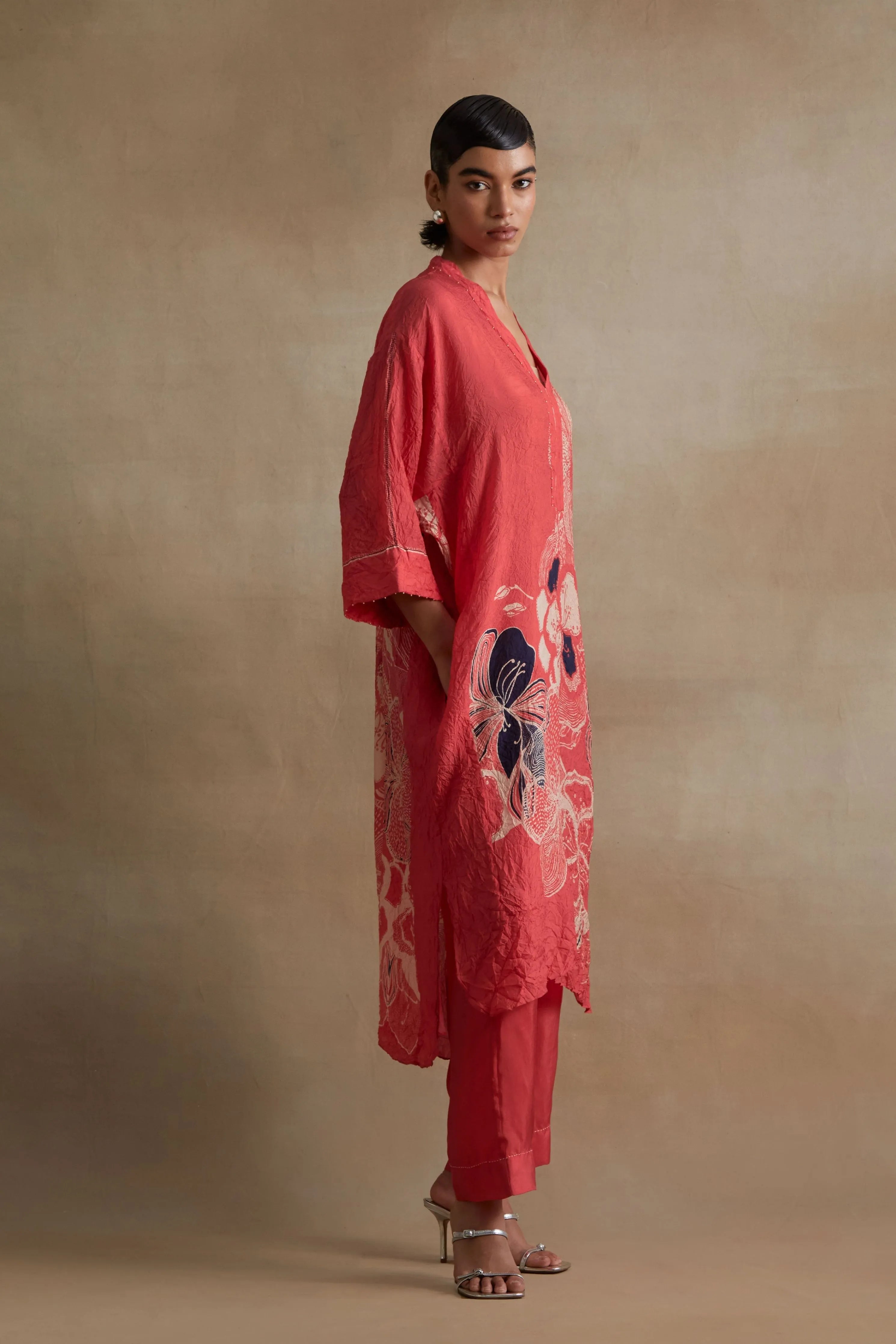 Tomato Embroidered Floral Kurta Set