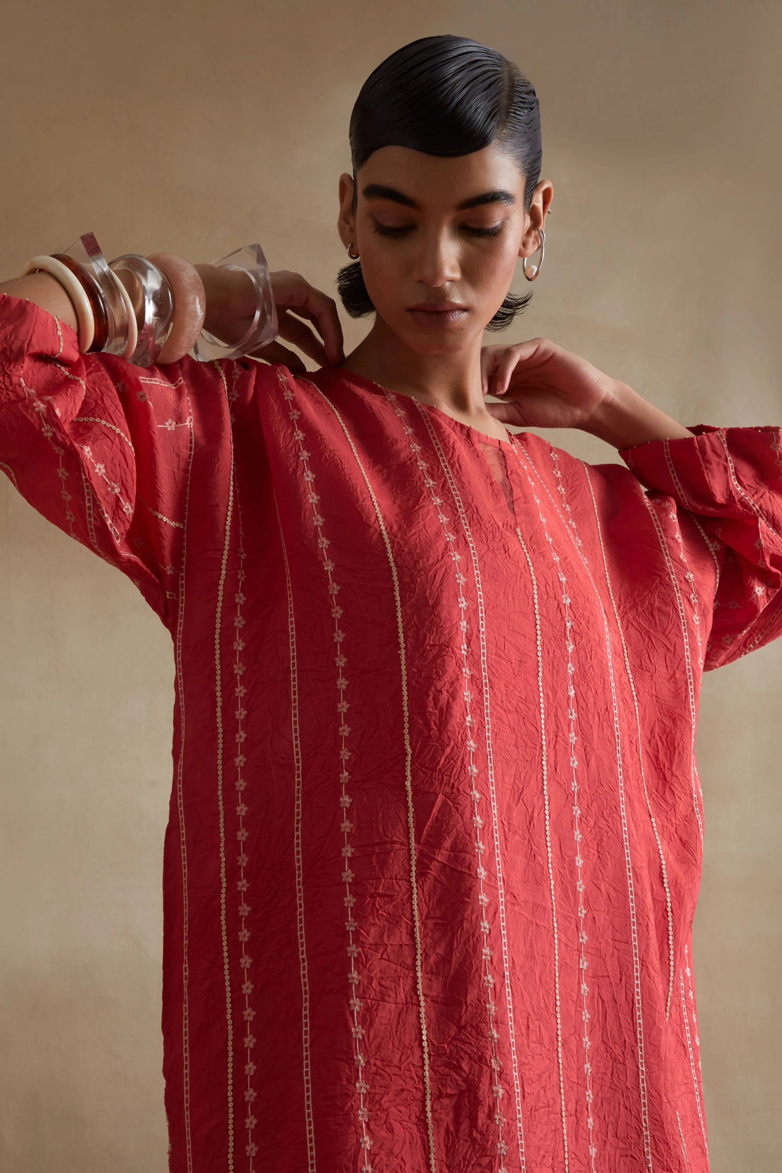Tomato Beaded Embroidered Kurta Set