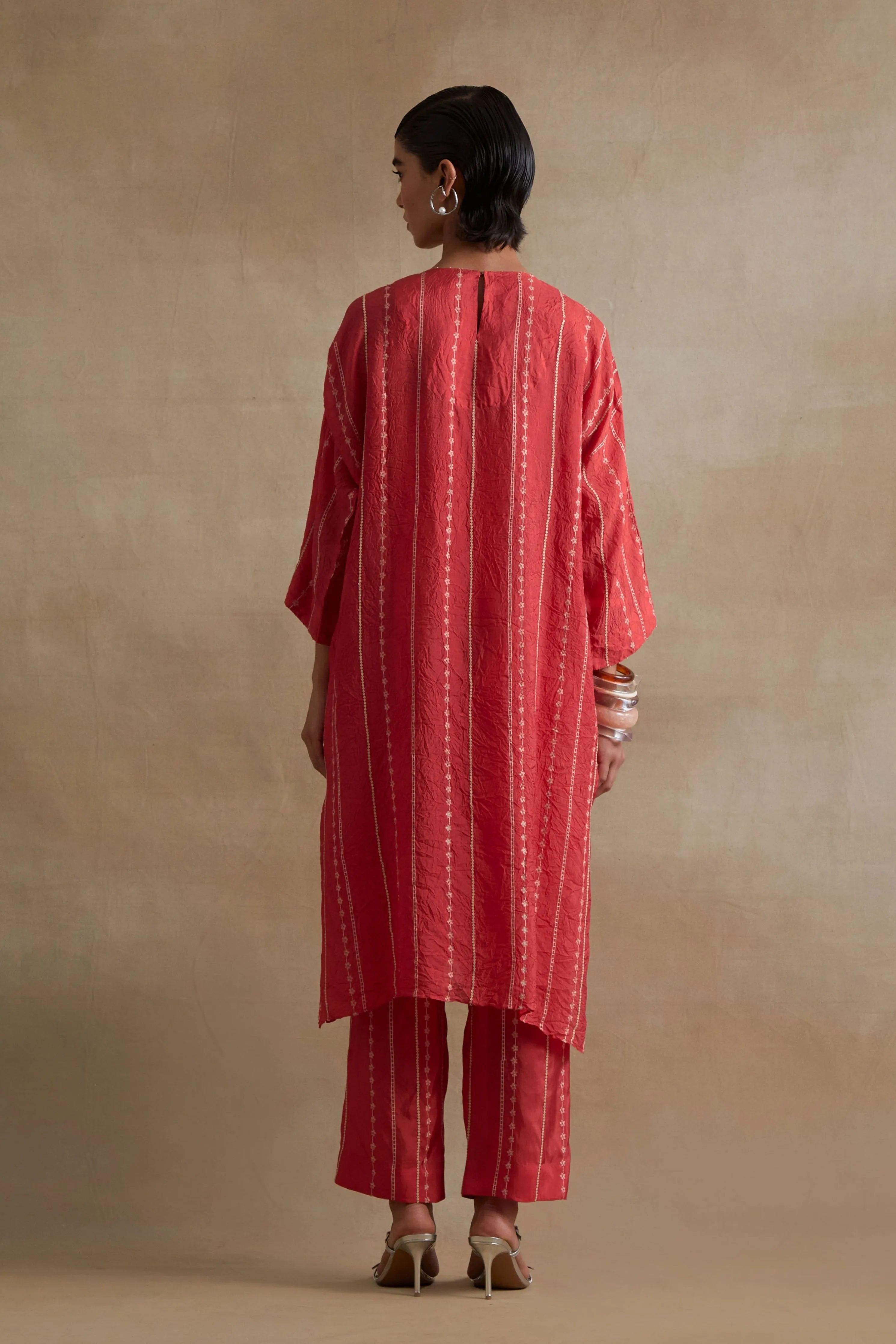 Tomato Beaded Embroidered Kurta Set