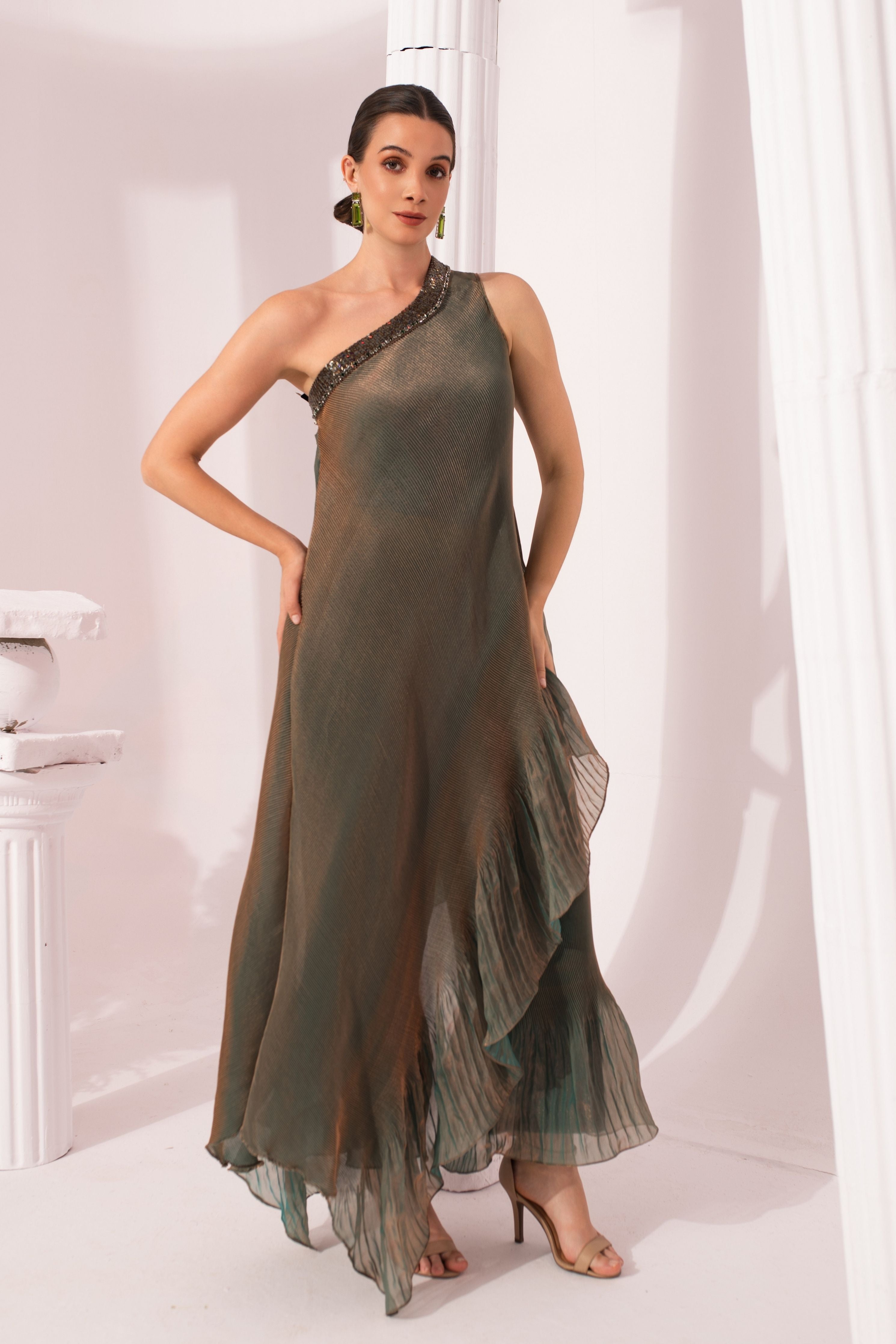 Metalic Moss Green One Shoulder Dress