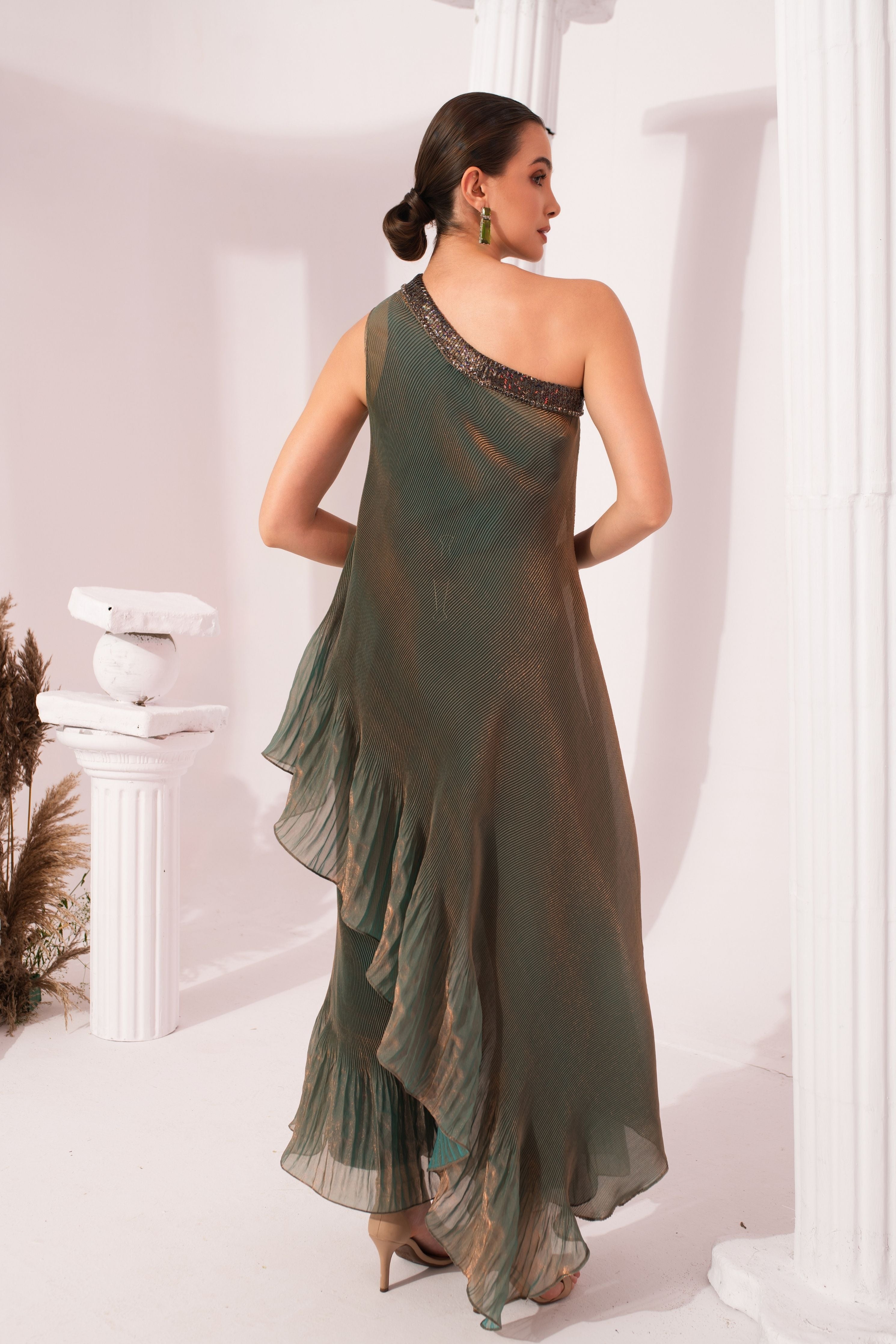 Metalic Moss Green One Shoulder Dress