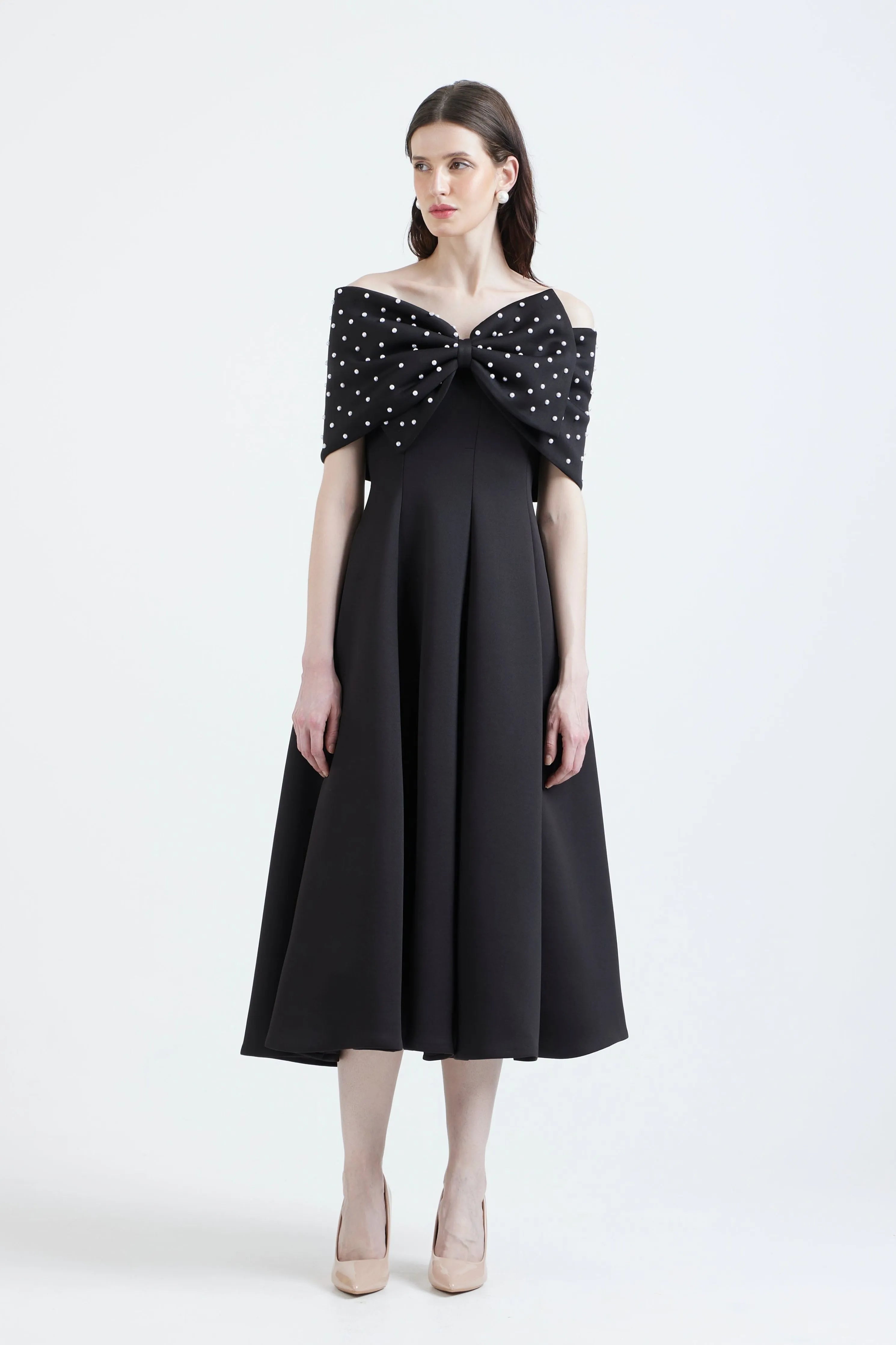 Nysa Pearl Embellished Dress With Bow Wrap