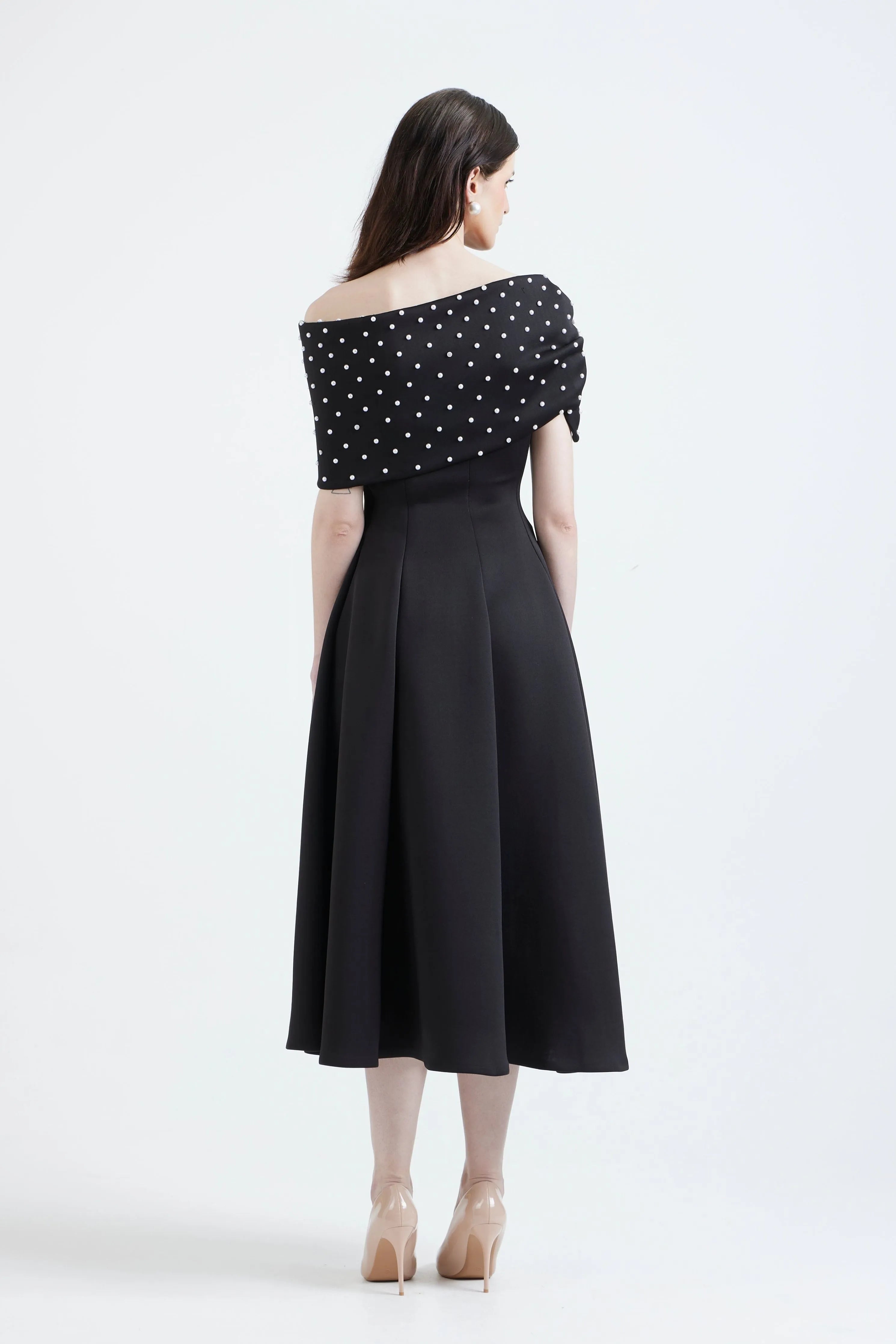 Nysa Pearl Embellished Dress With Bow Wrap