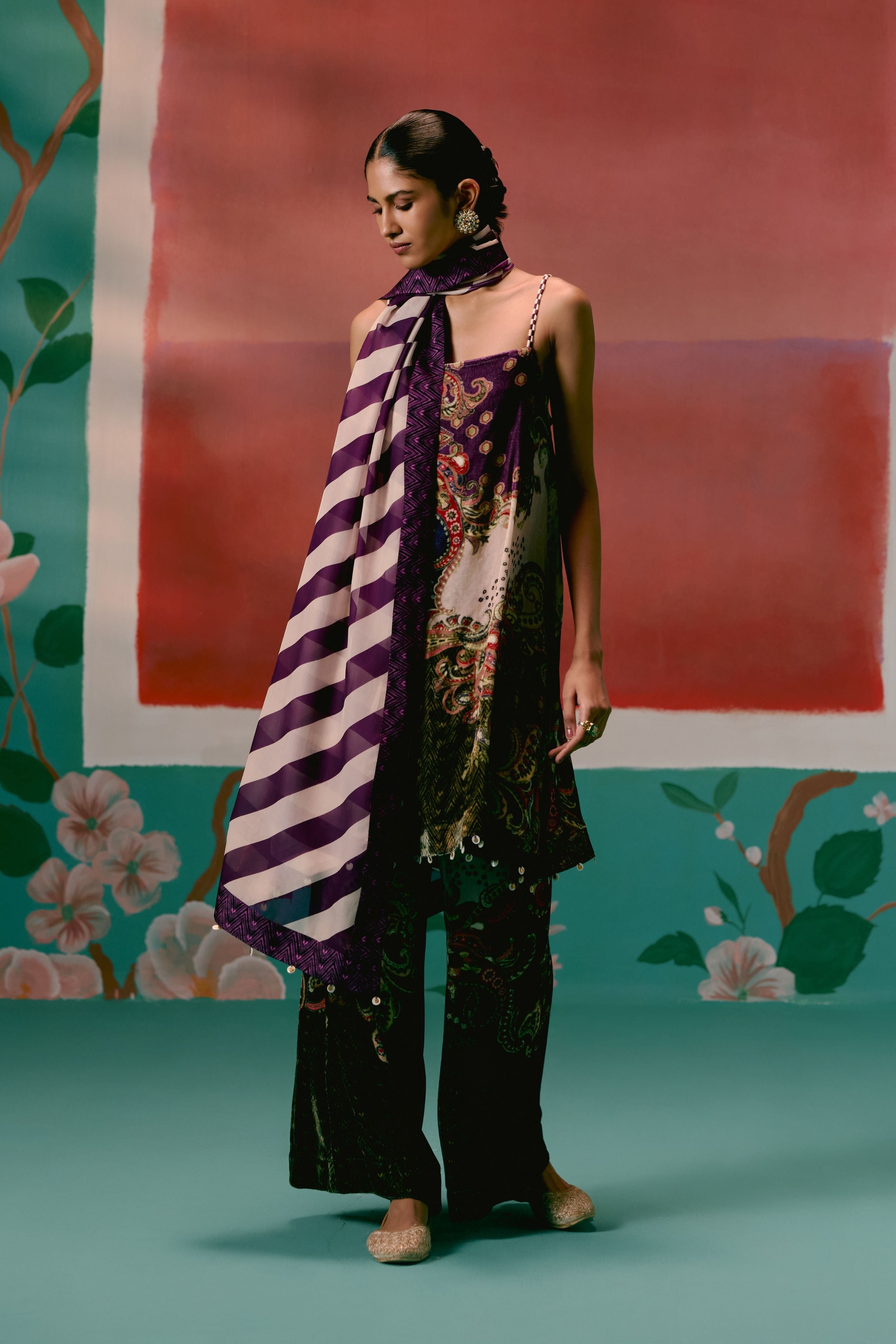 Olive And Purple Paisley Kurta Set With Dupatta