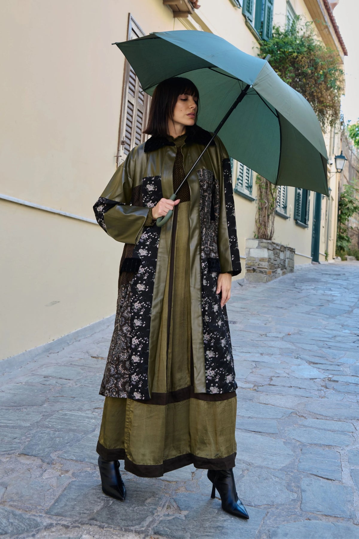 Olive & Black Printed Embroidered Trench
