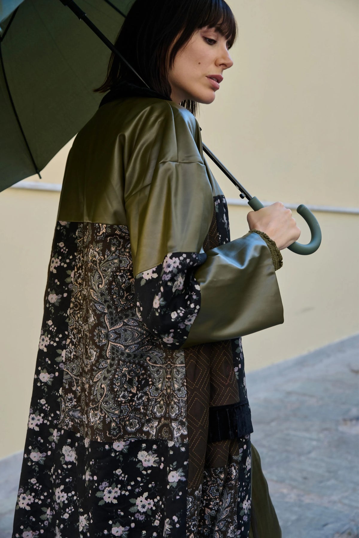 Olive & Black Printed Embroidered Trench
