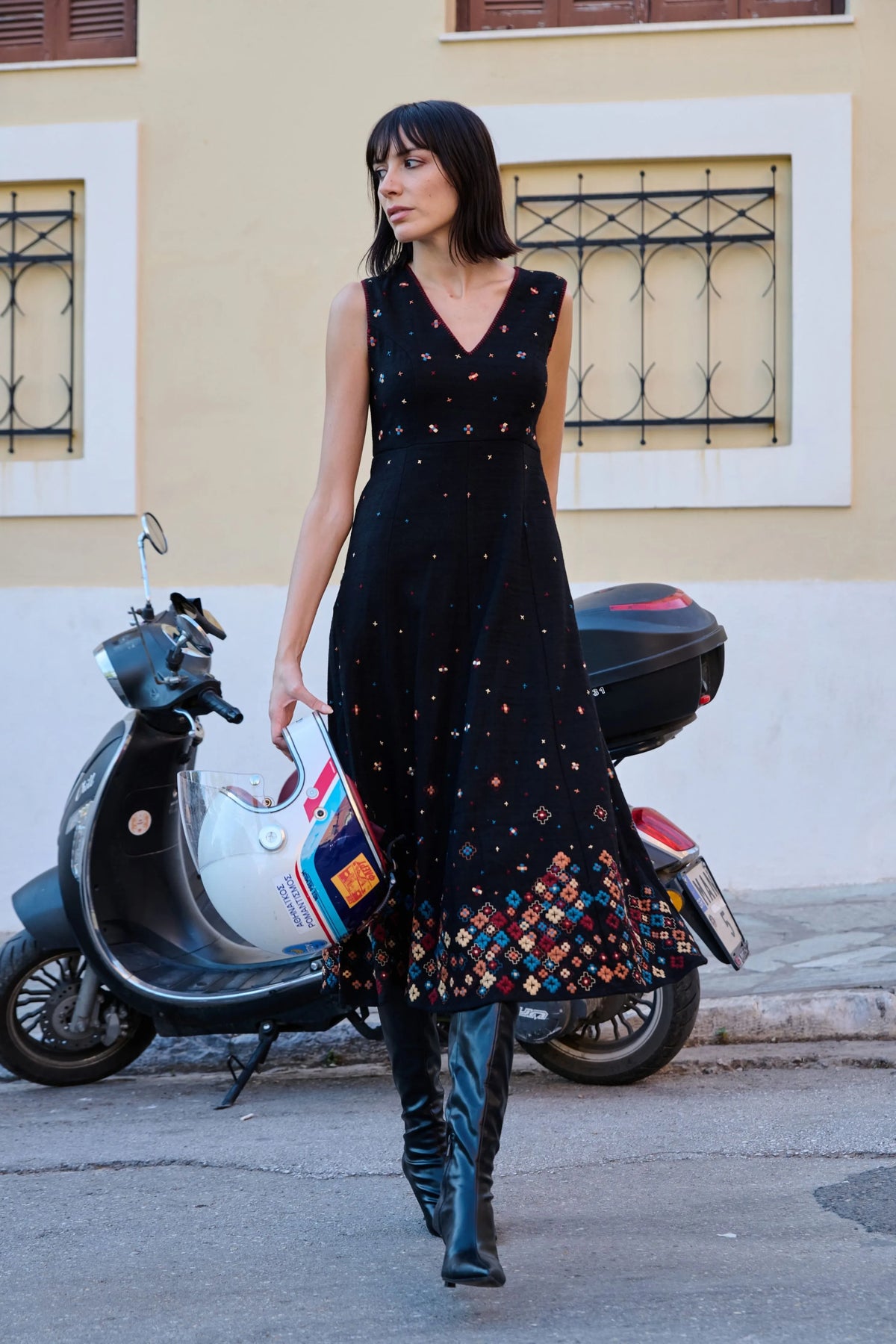 Black Textured X-Stitch Midi Dress