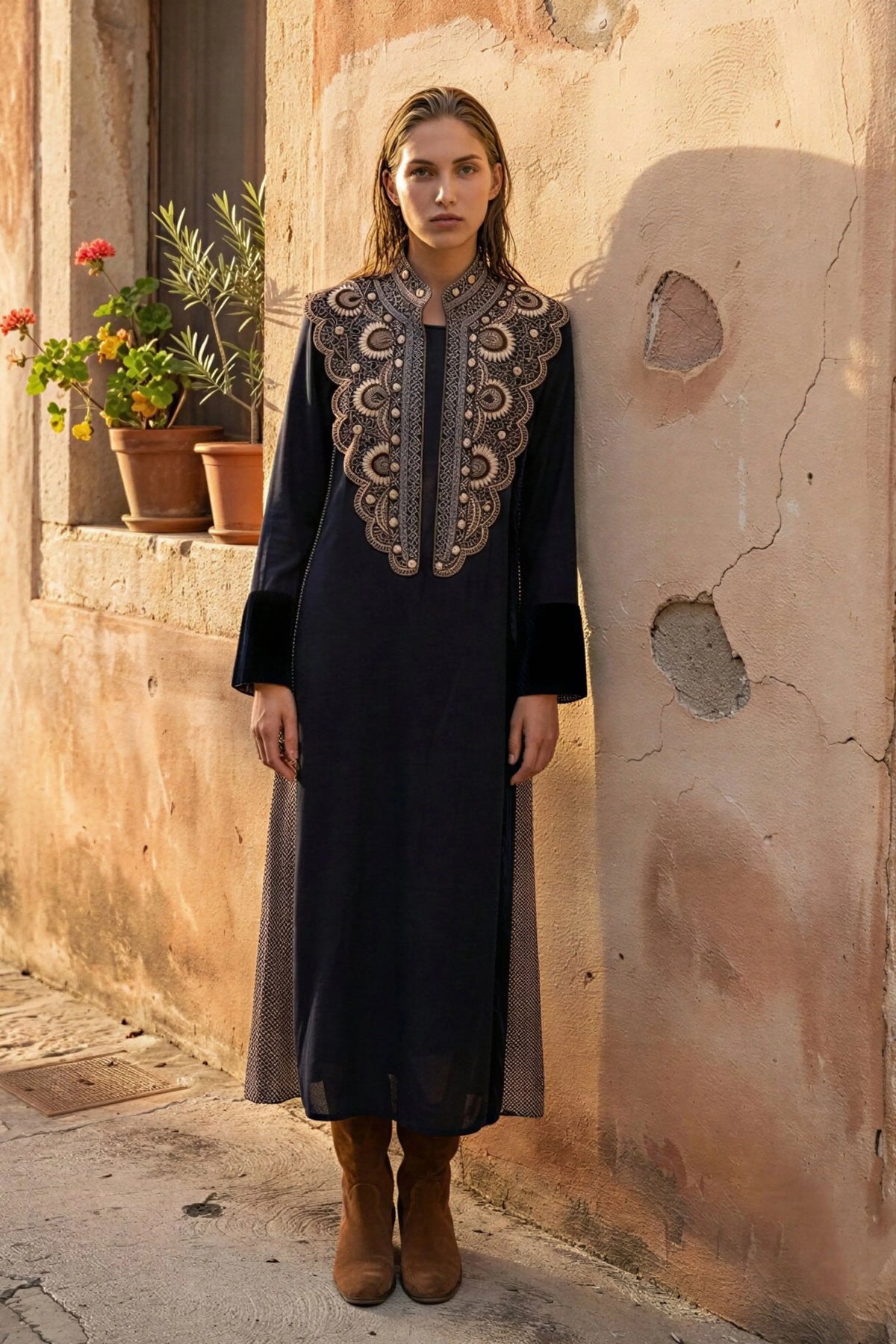 Black Twill Printed Velvet-Detail Dress