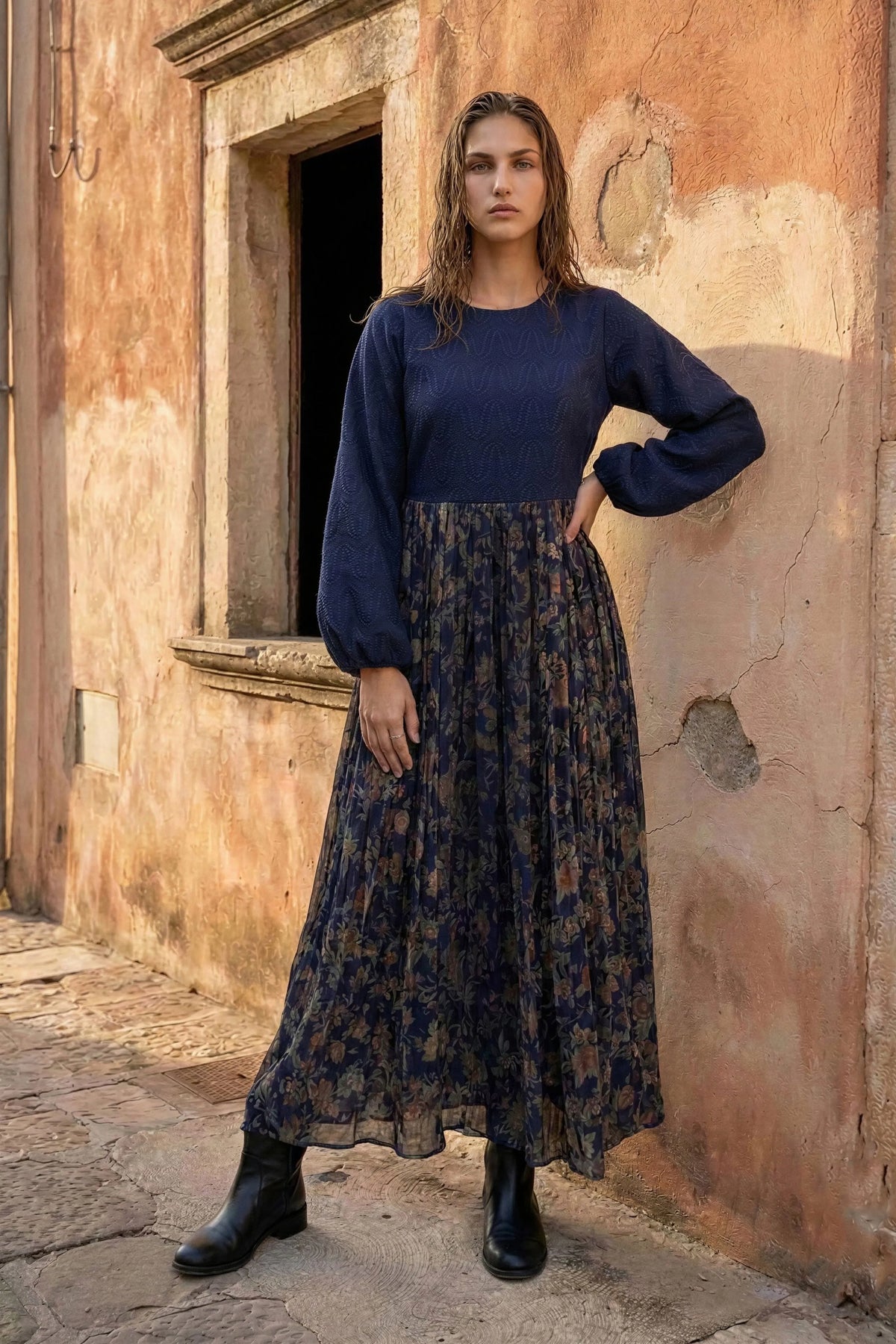 Blue Textured Chintz Panel Dress