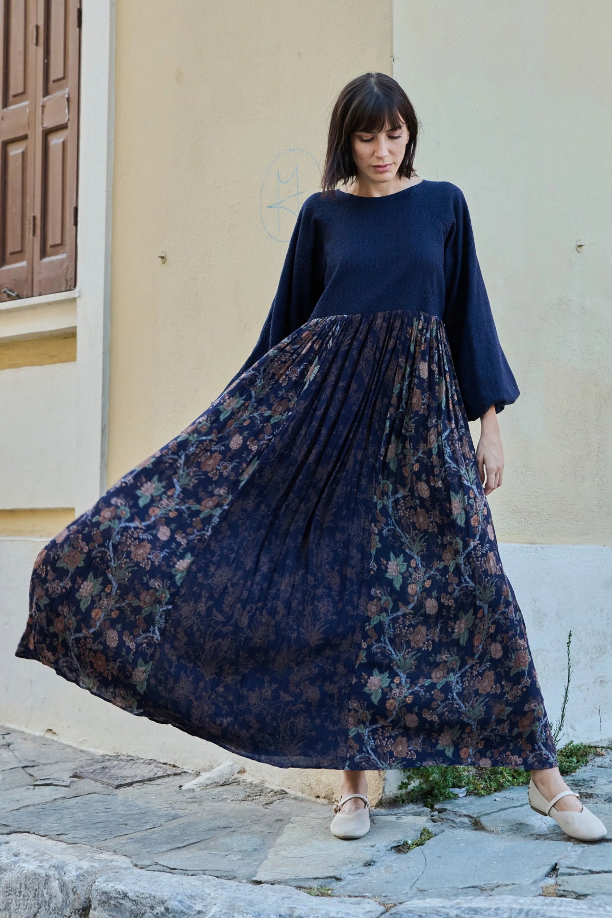 Blue Textured Chintz Panel Dress