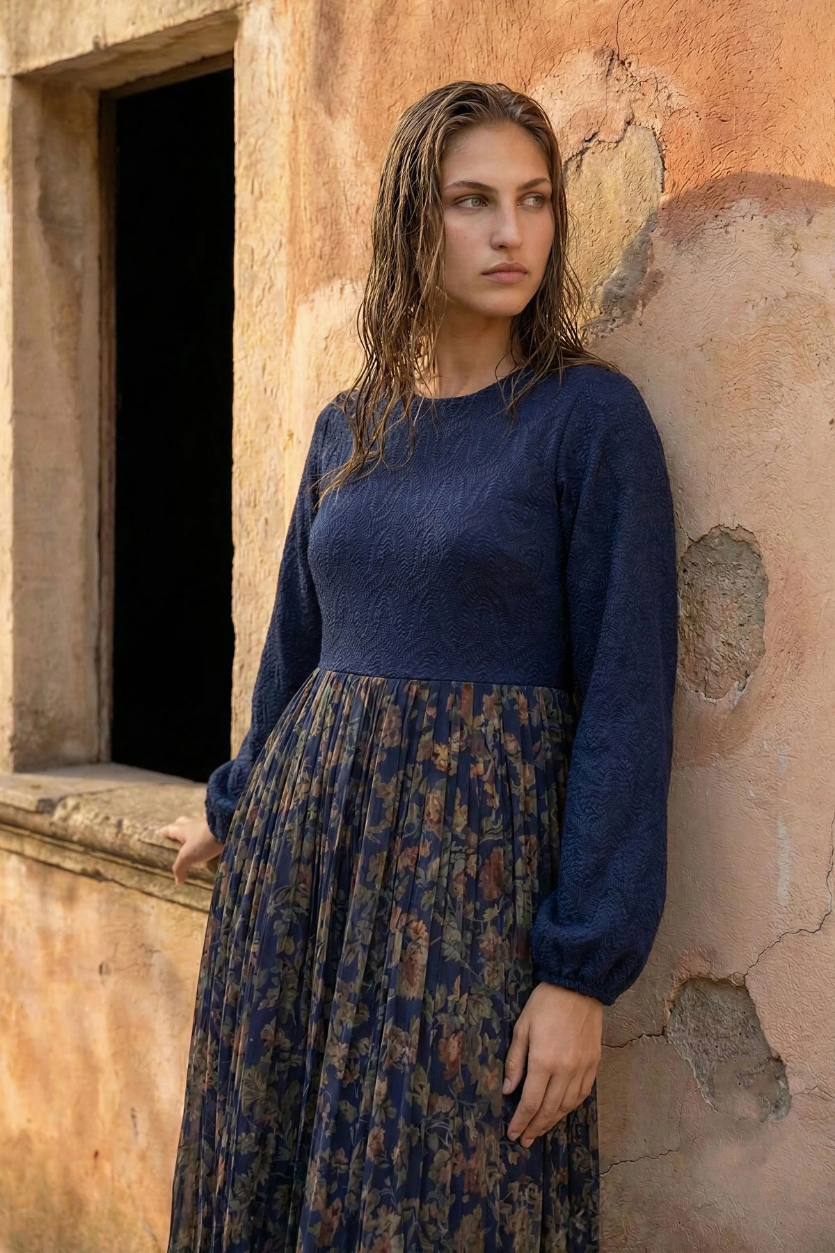 Blue Textured Chintz Panel Dress