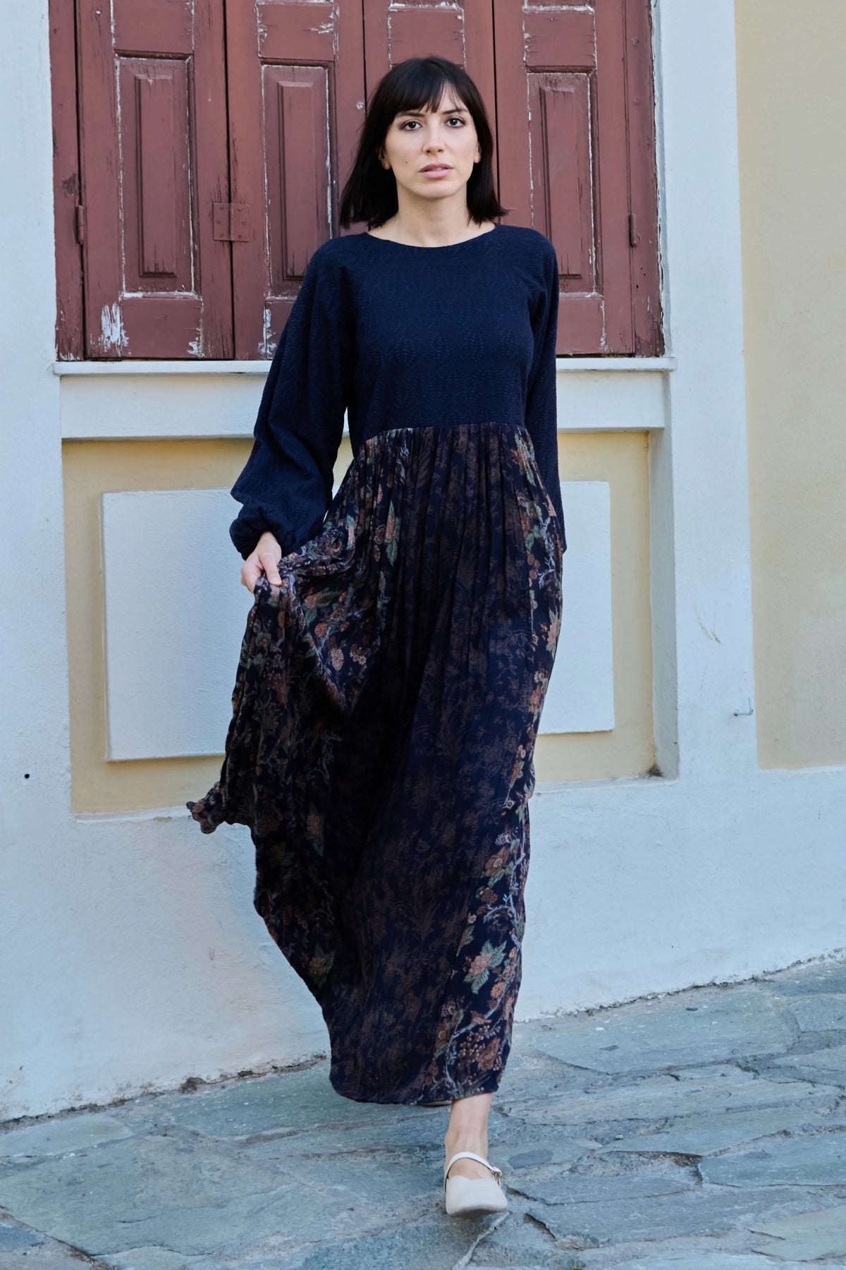 Blue Textured Chintz Panel Dress