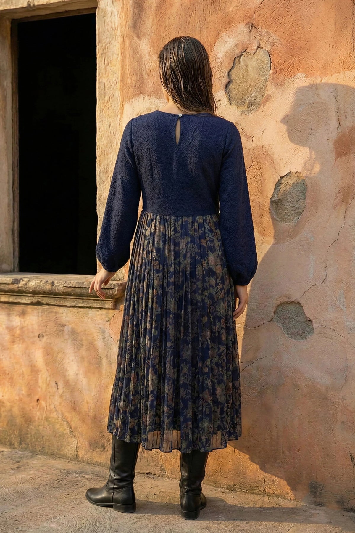 Blue Textured Chintz Panel Dress