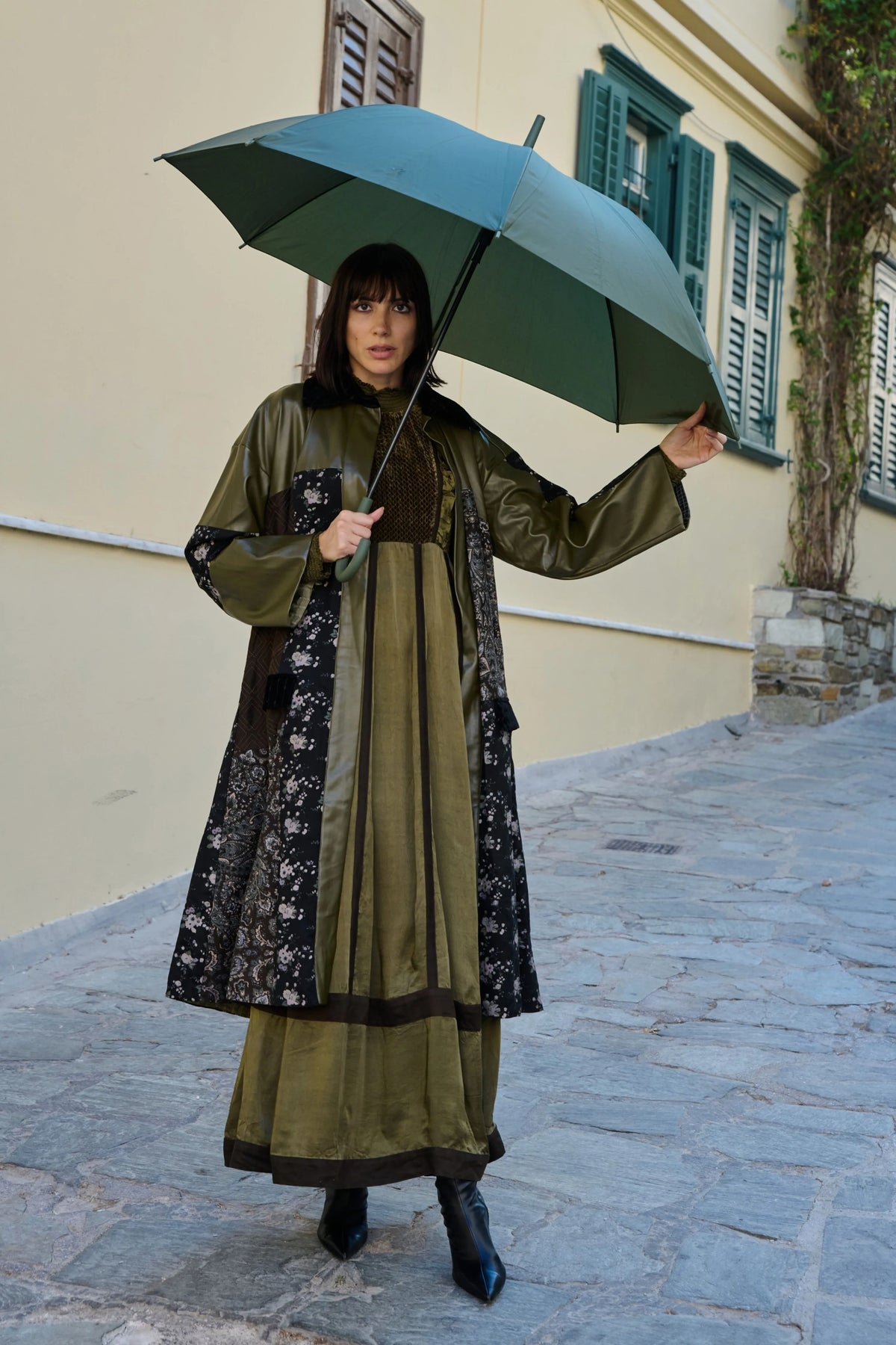 Olive Satin Velvet-Bodice Dress