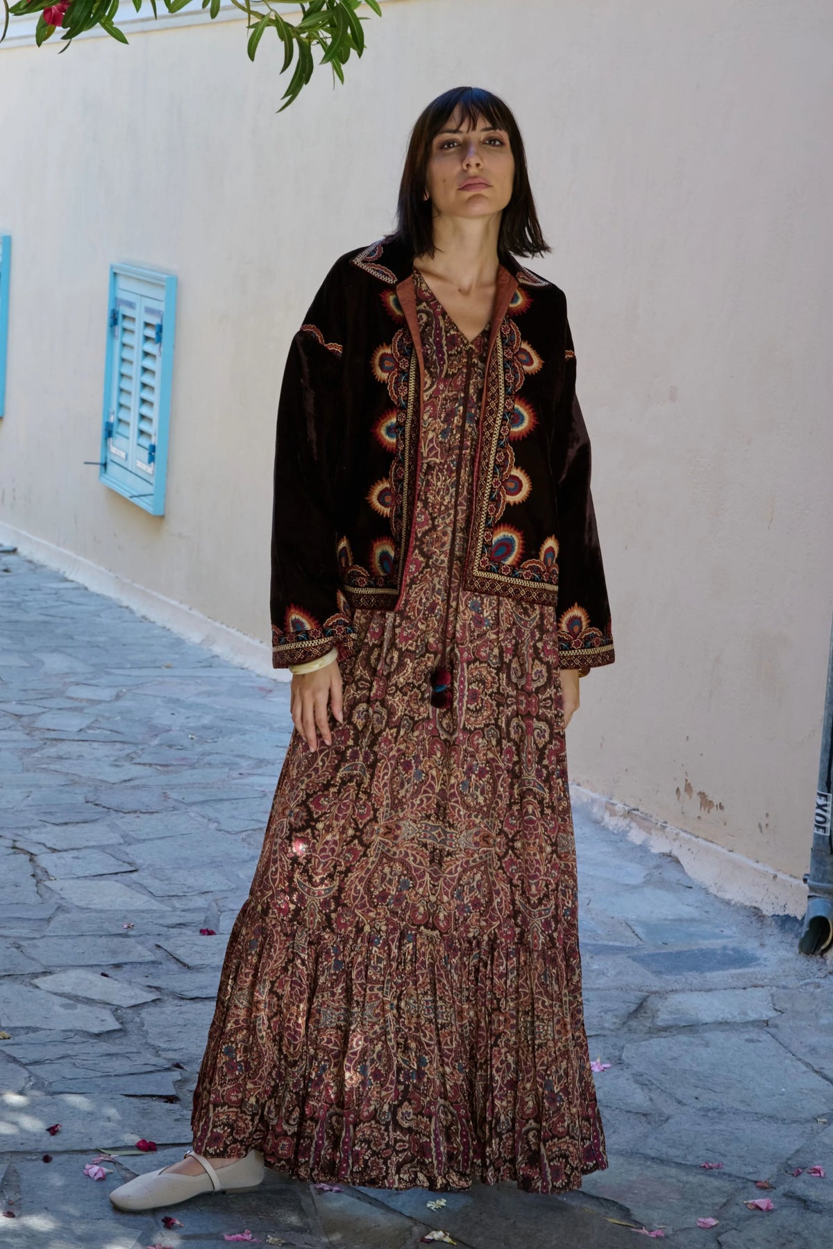 Brown Paisley Printed Satin Midi Dress