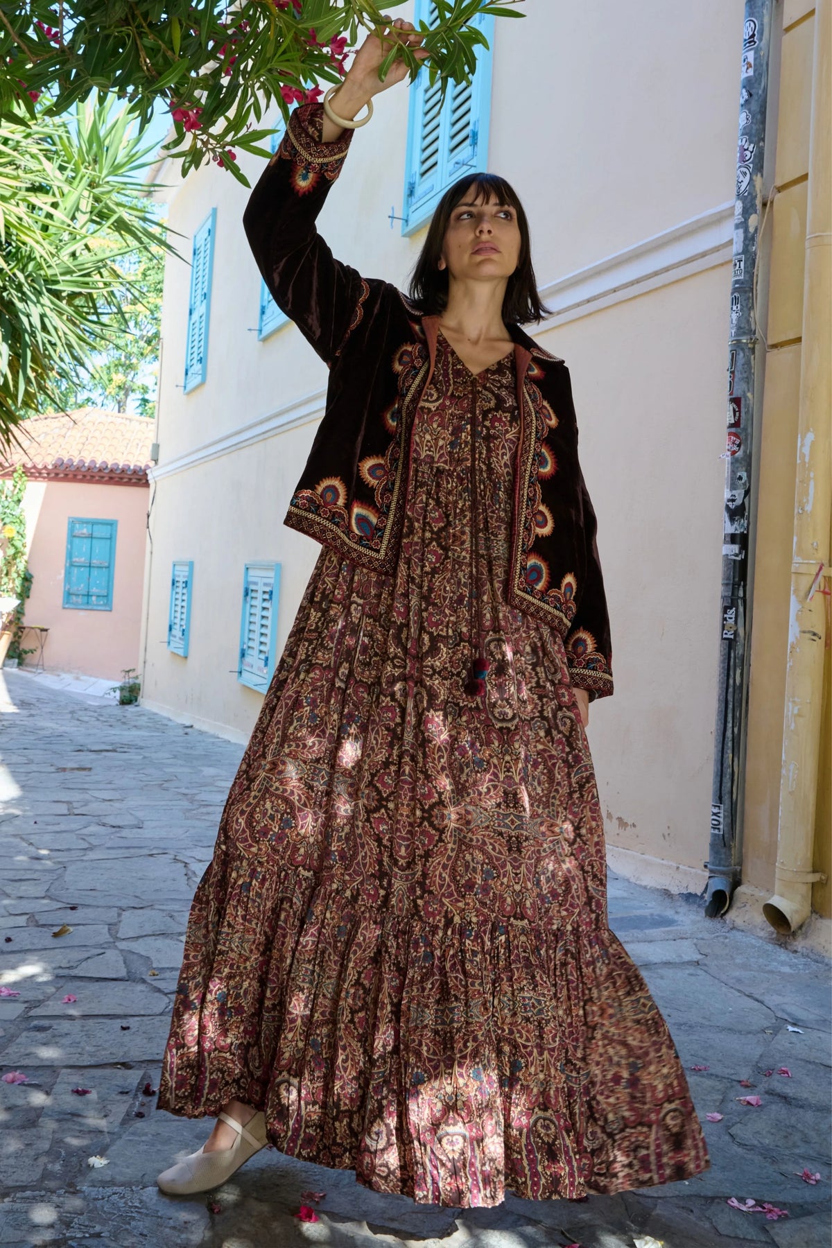 Brown Paisley Printed Satin Midi Dress
