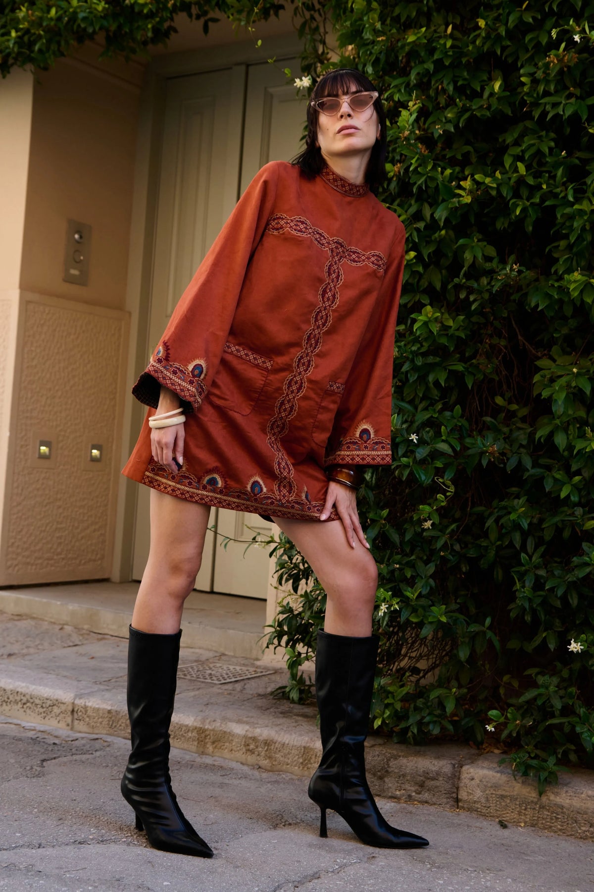 Rust Suede Embroidered Short Dress