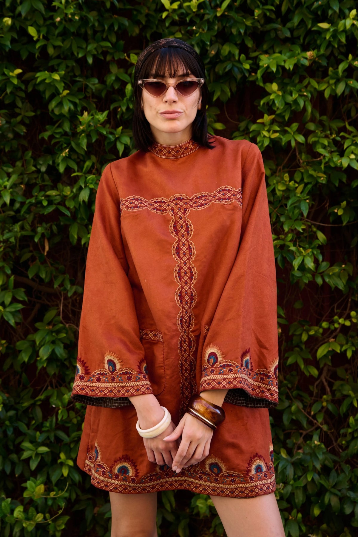 Rust Suede Embroidered Short Dress