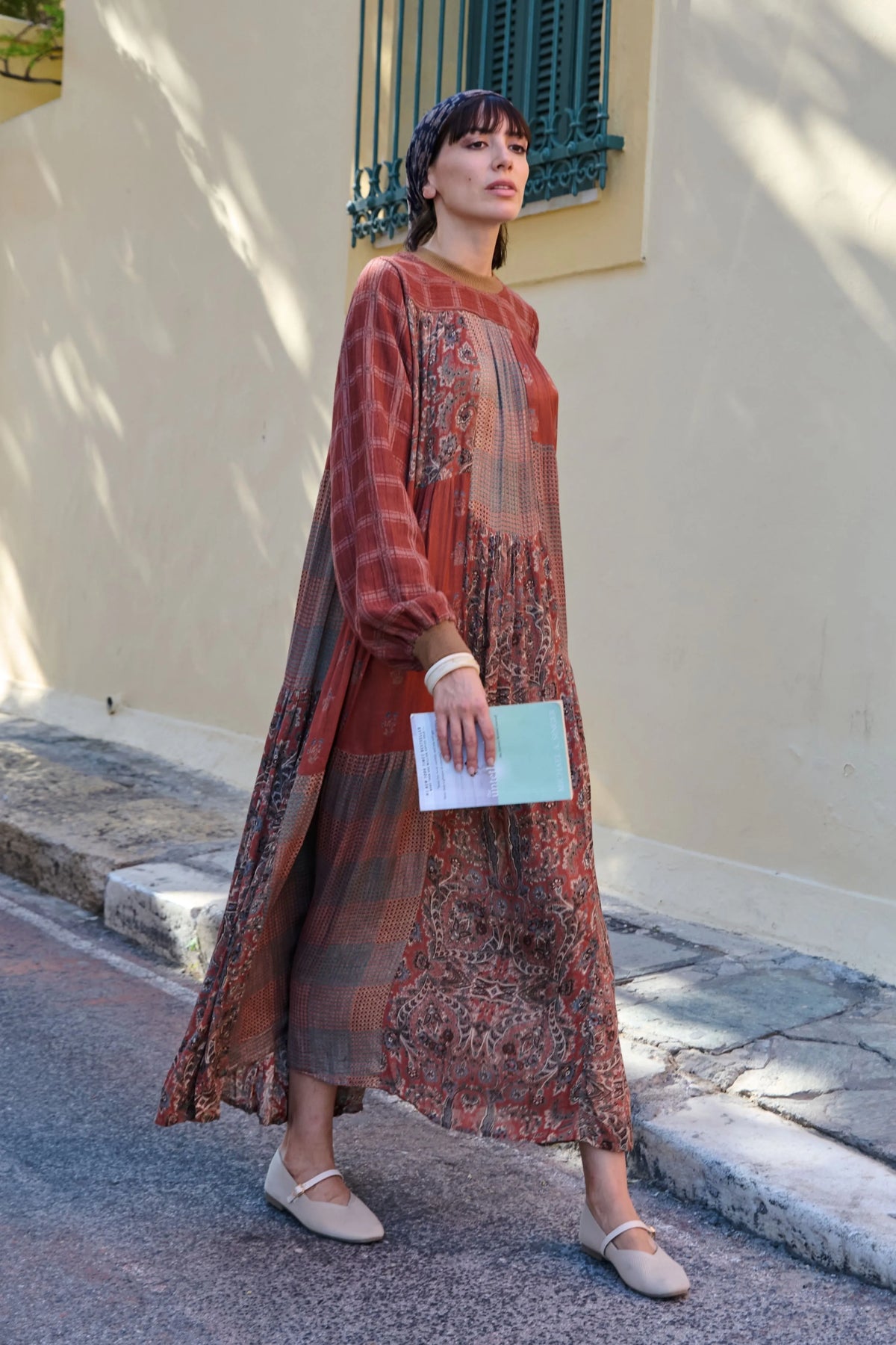 Rust Twill Printed Textured Midi Dress