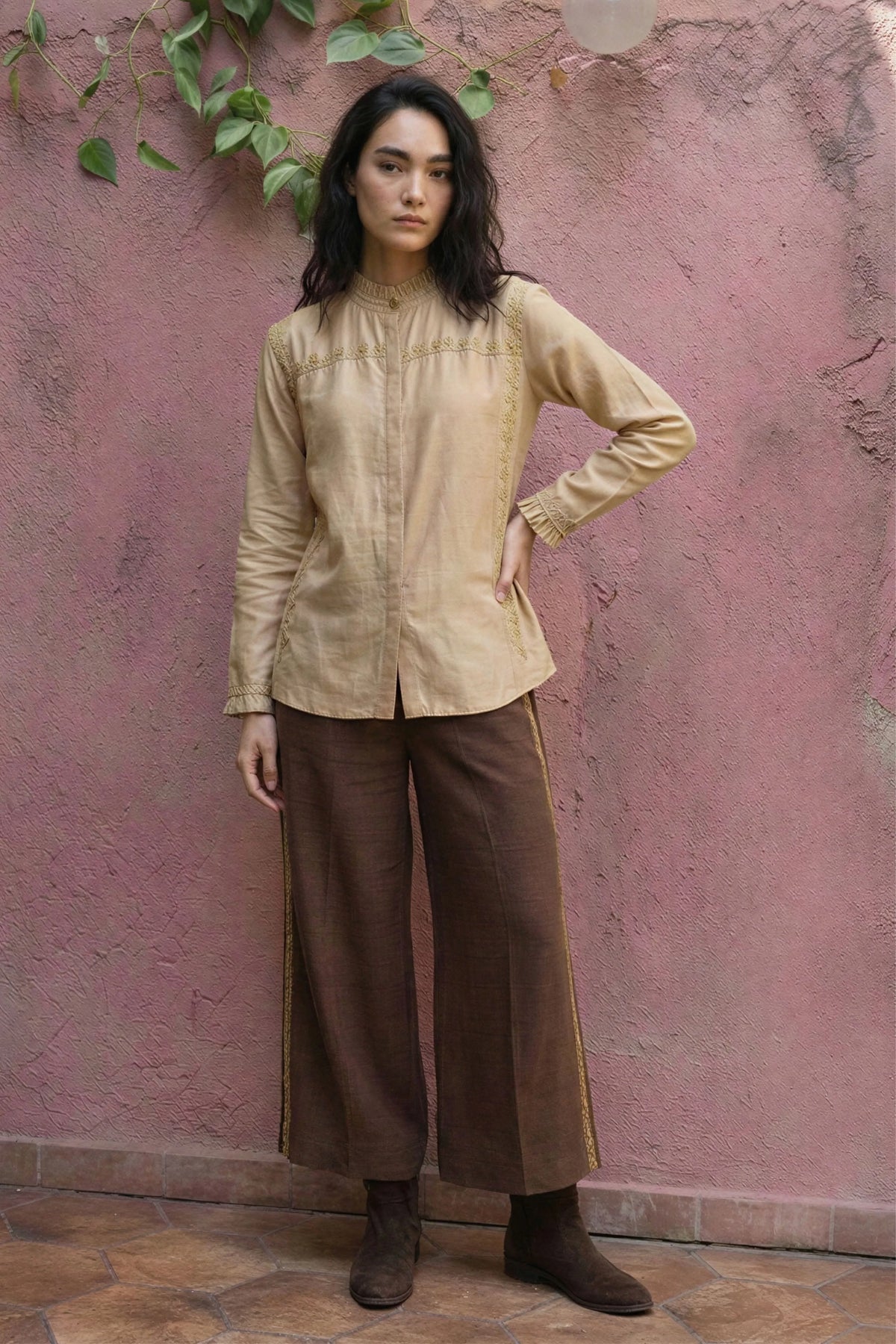 Beige Silk Embroidered Shirt