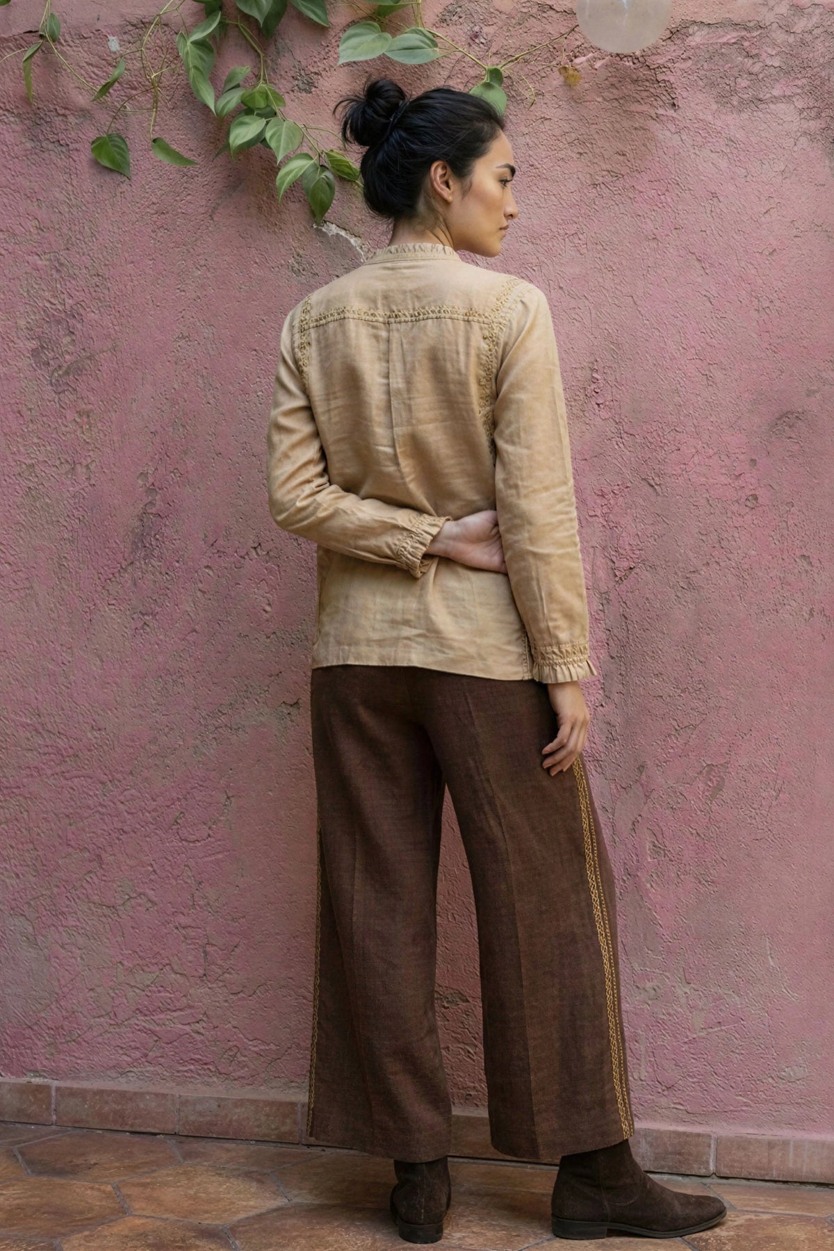 Beige Silk Embroidered Shirt